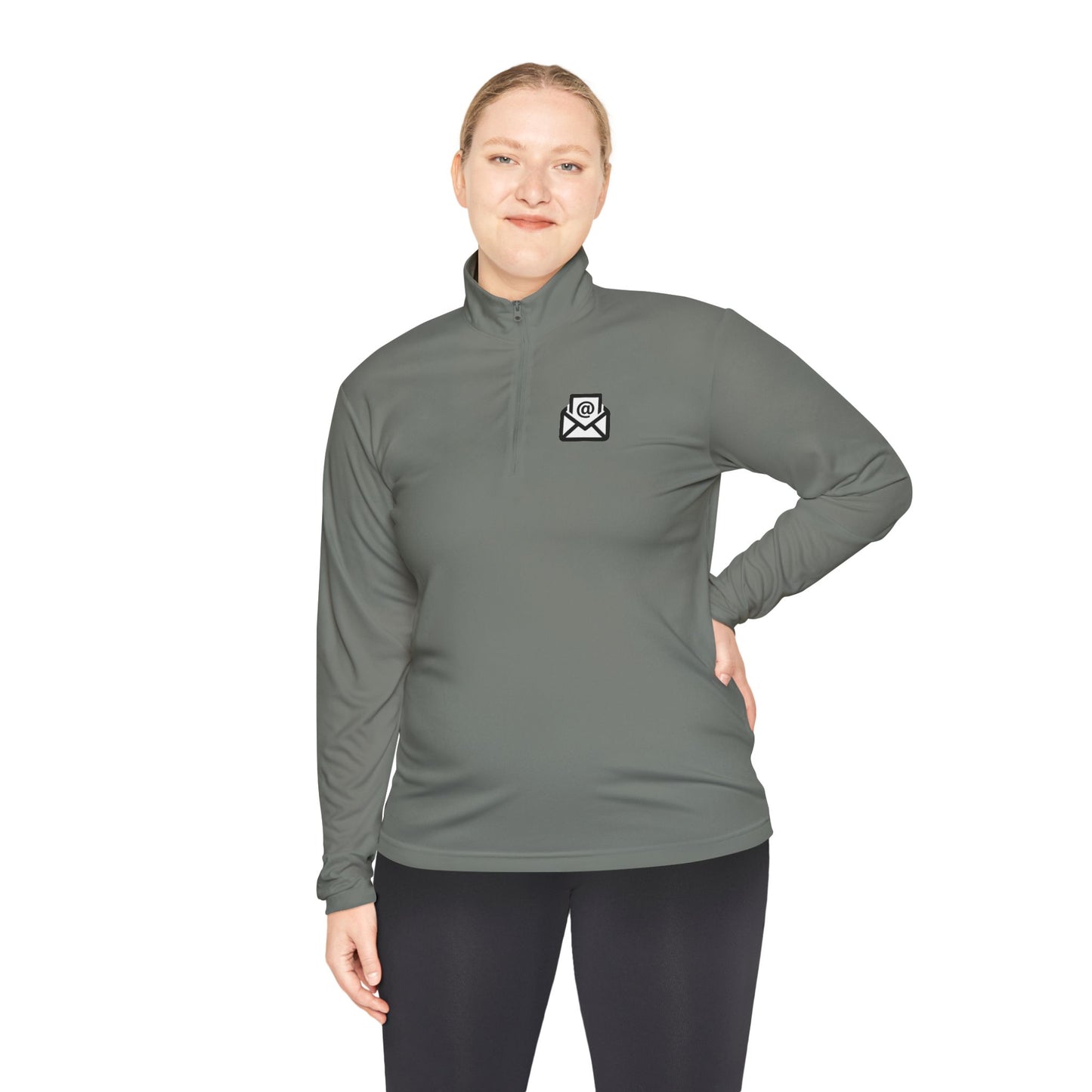 Smiling blonde woman models front of medium grey quarter-zip pullover, white envelope emblem on chest