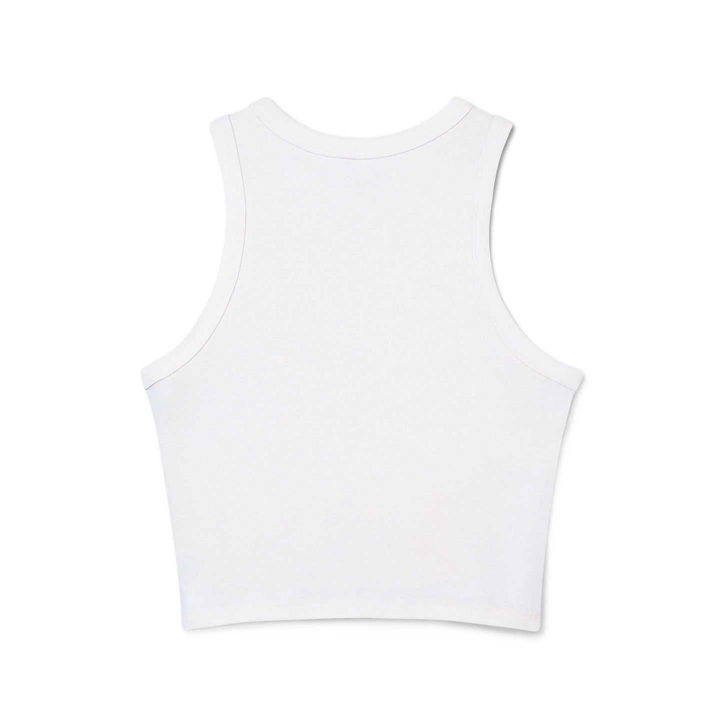 Back view of plain white racerback crop tank, clean straps and cropped hem