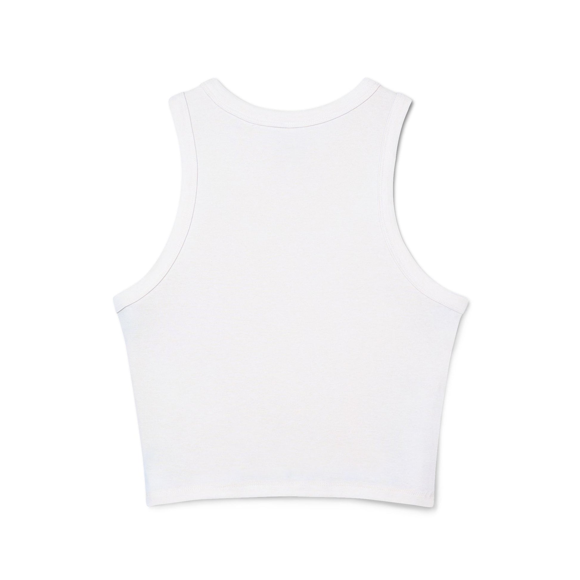 Back view of plain white racerback crop tank, clean straps and cropped hem