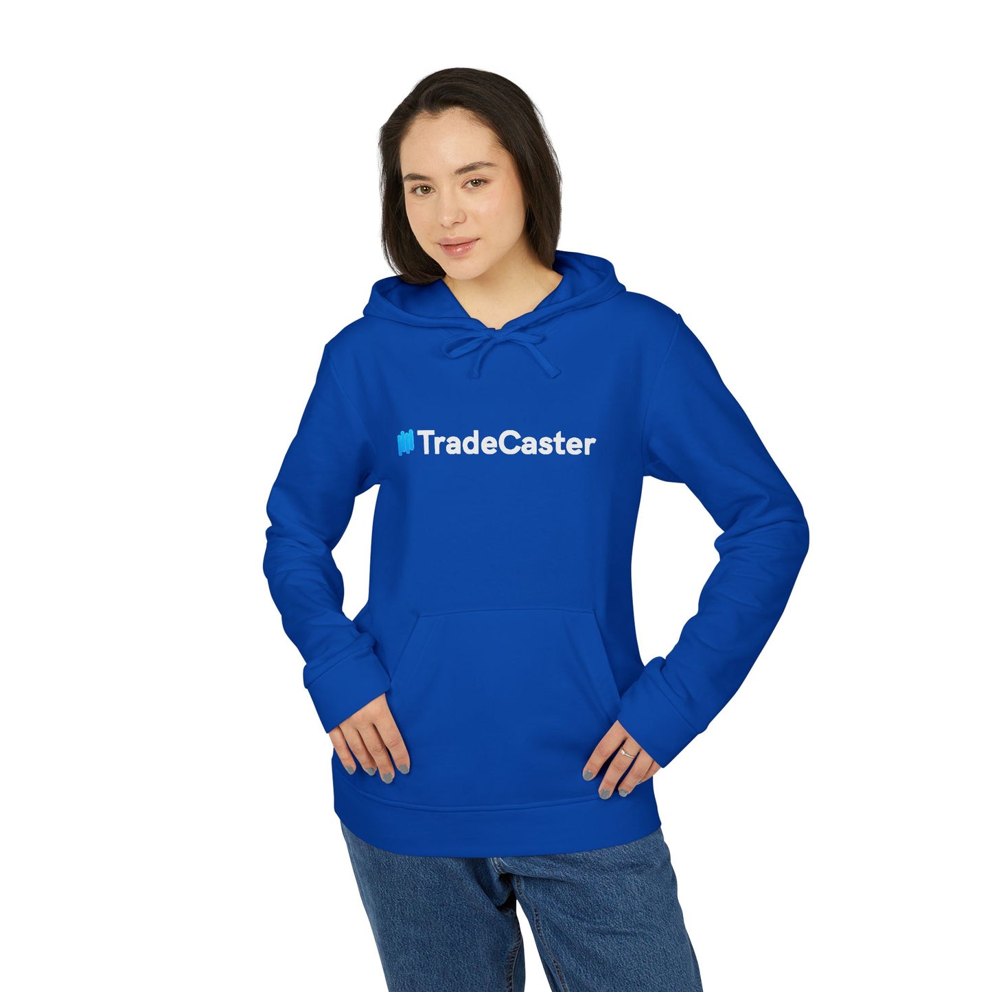 Woman owning front view of navy #TradeCaster Adidas fleece hoodie, white logo popping casual