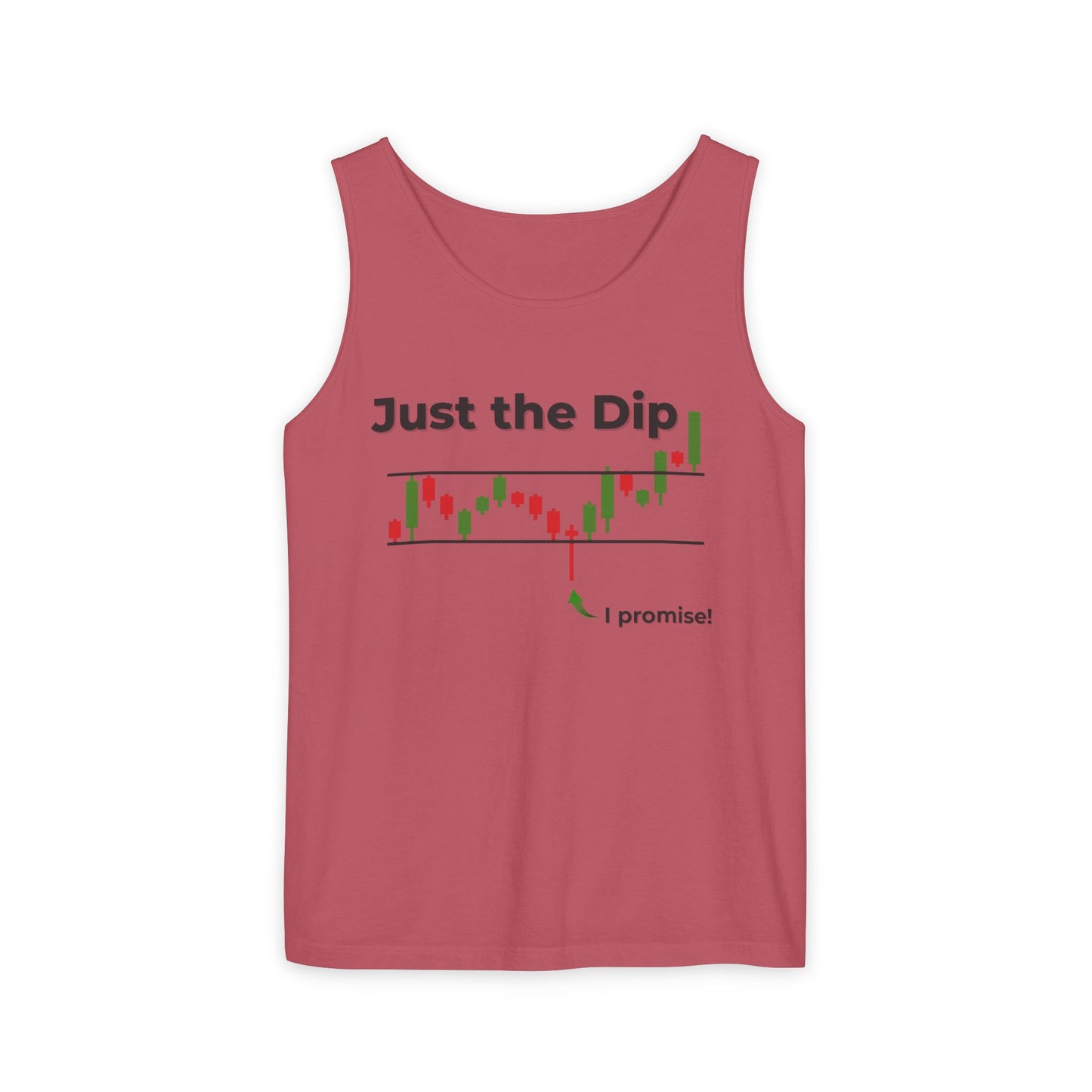 Front view of deep rose "Just the Dip" tank top showing candlestick crash and "I promise!" promise