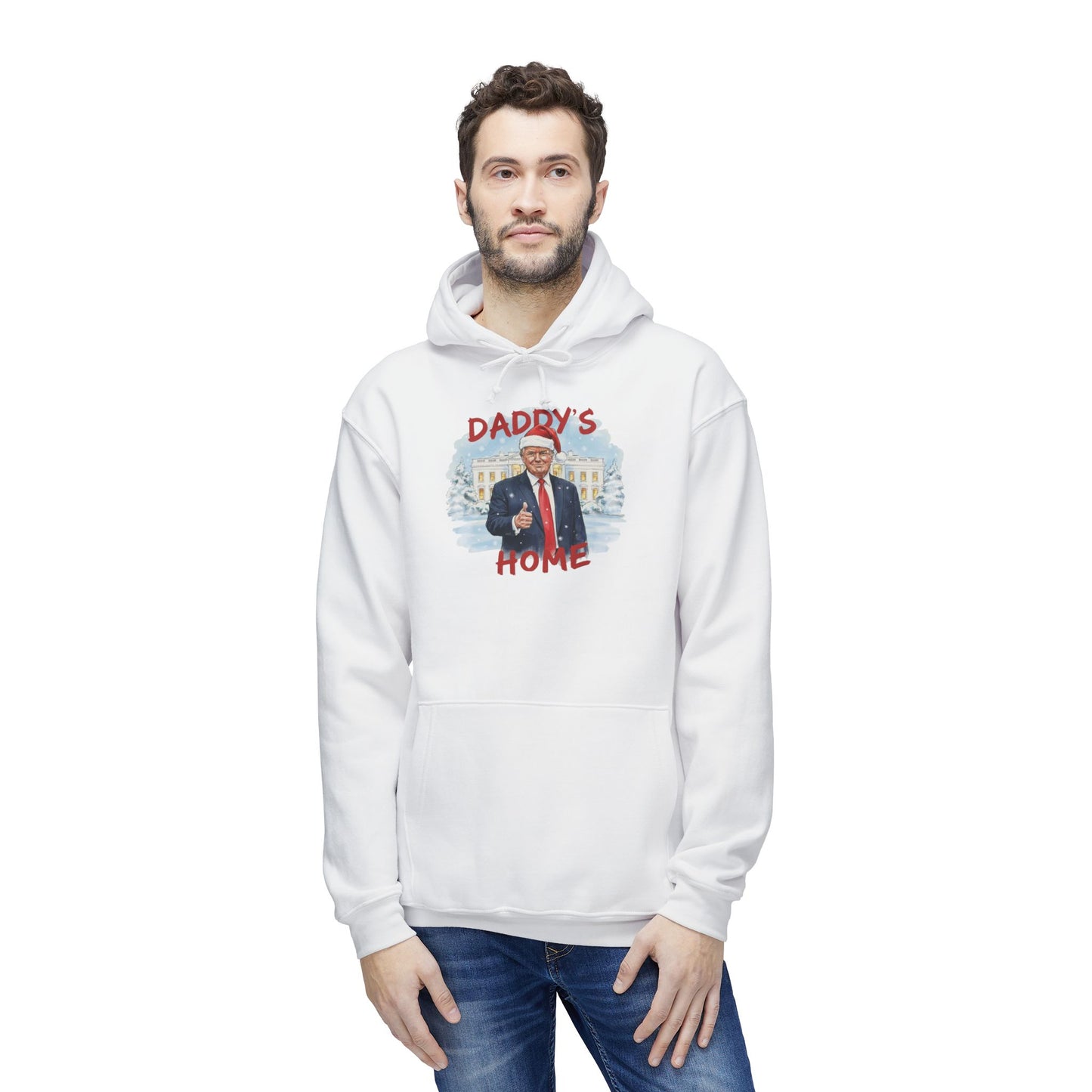 Man modeling front view of white "Daddy's Home" Trump Christmas hoodie with Santa hat and snowy White House