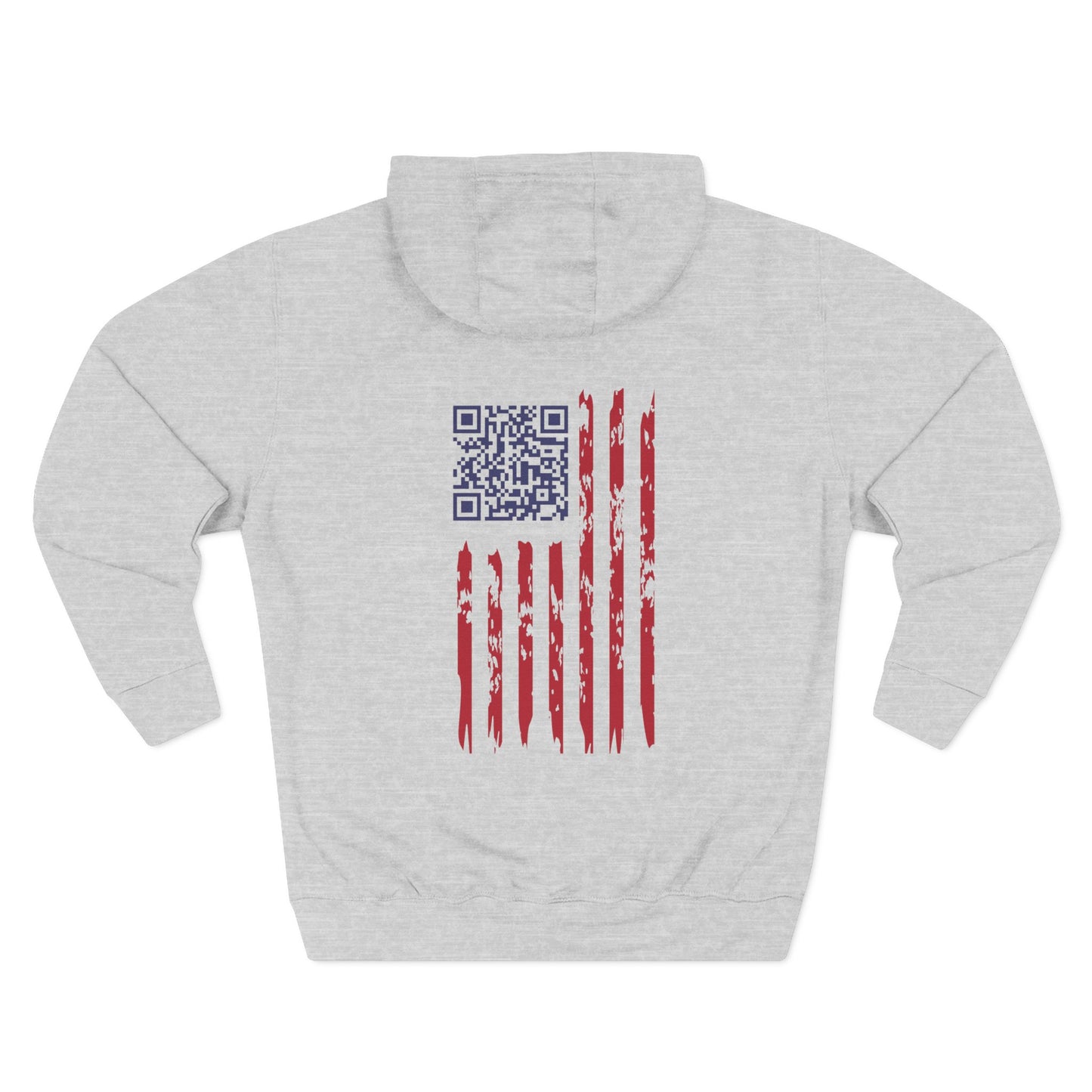 Back view of heather grey hoodie with faded American flag and sneaky Trump Dance QR code