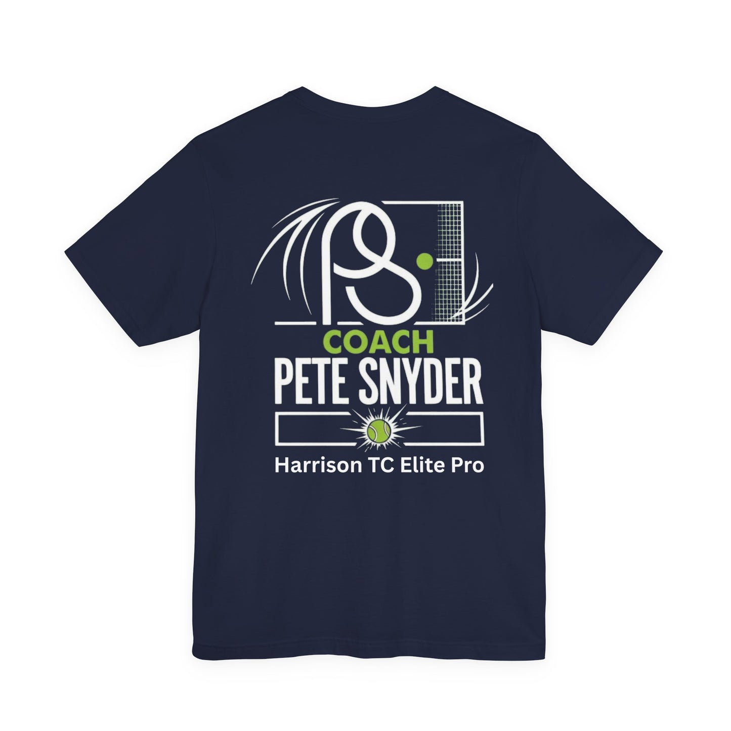 Navy t-shirt back flat lay, bold white tennis racket "PⓈ" design, "COACH PETE SNYDER" and "Harrison TC Elite Pro"