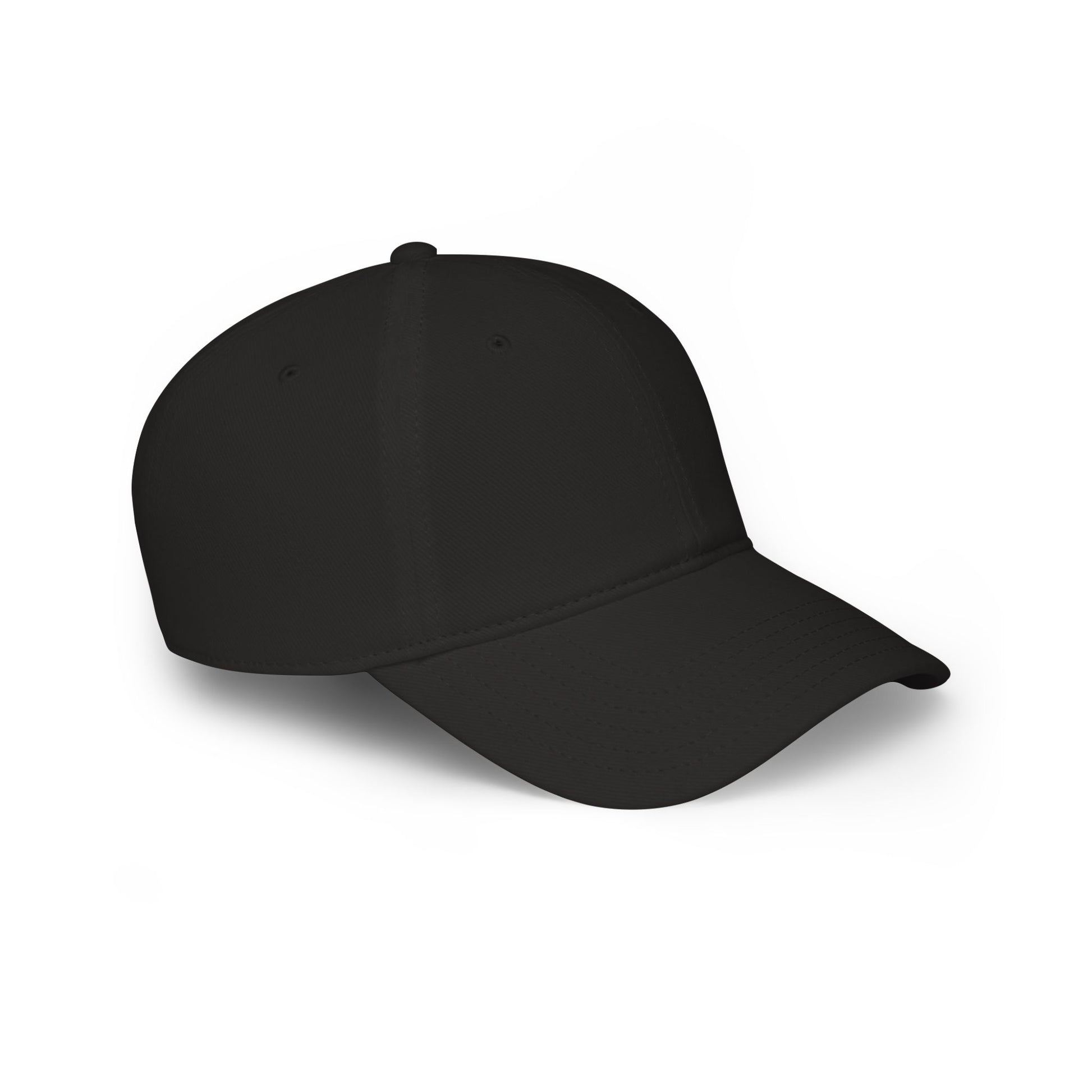 Side-front view of black unstructured baseball cap, low-profile crown and curved bill on white background