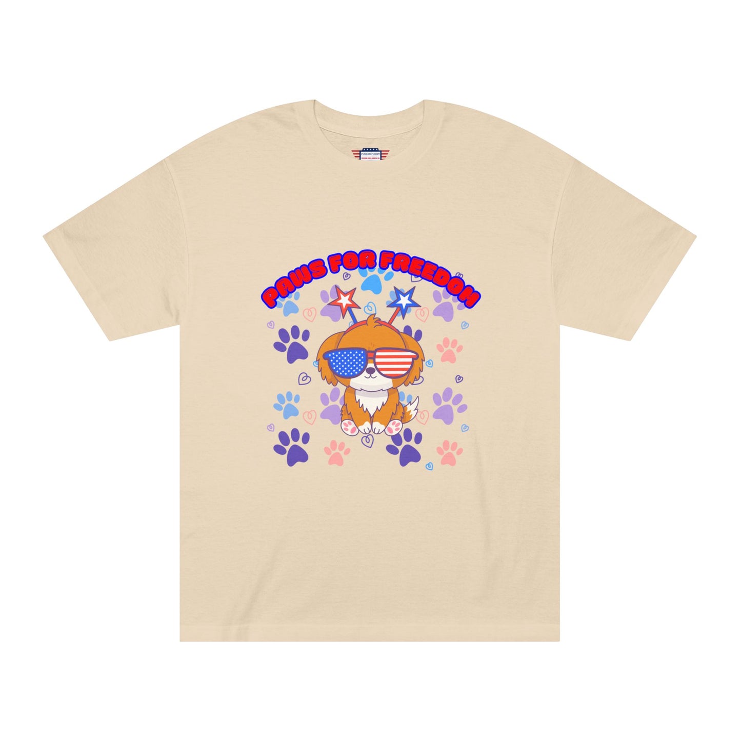 Cream 'Paws for Freedom' tee front flat lay, Gildan label, pup with shades surrounded by patriotic paws & hearts