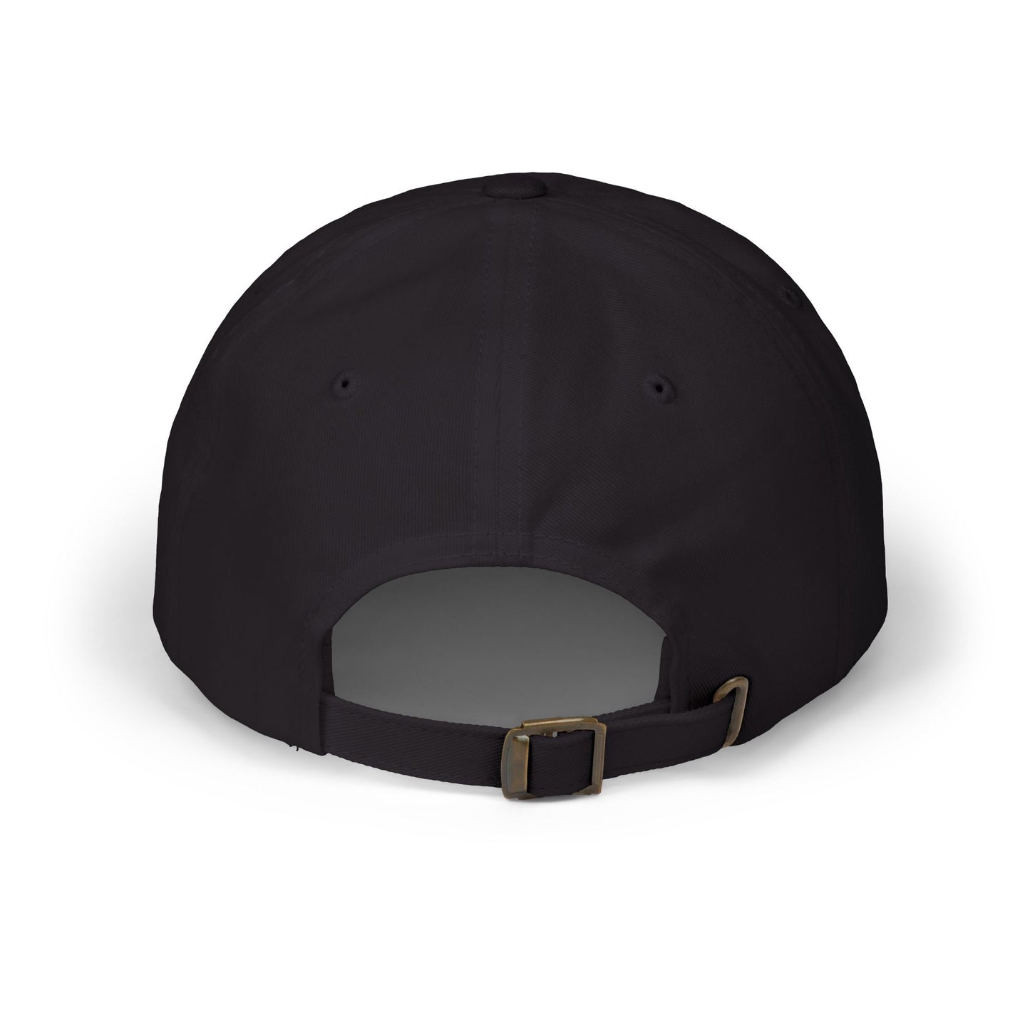 Dad hat size chart showing top view measurements in inches/cm, one size fits most