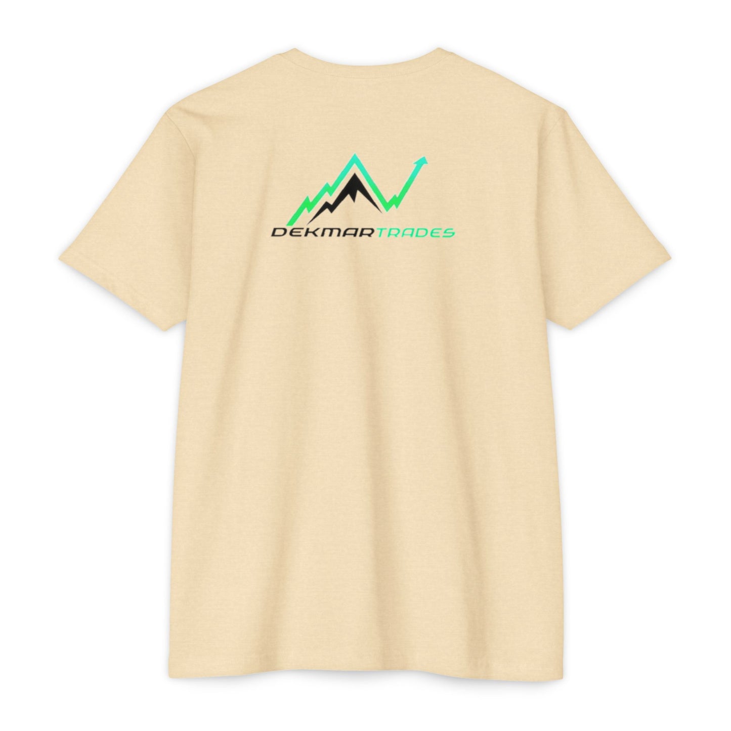 Back flat lay of beige CVC heather t-shirt showing black/green mountain chart graphic and "Dekmar Trades" text