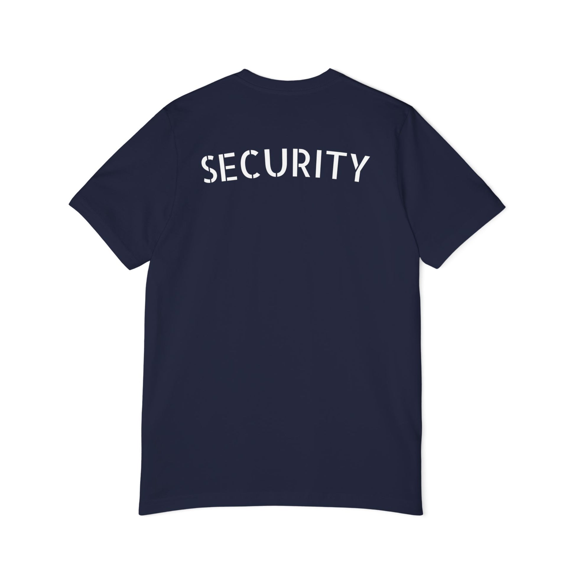 Product back: heather gray t-shirt with distressed white "SECURITY" across the back