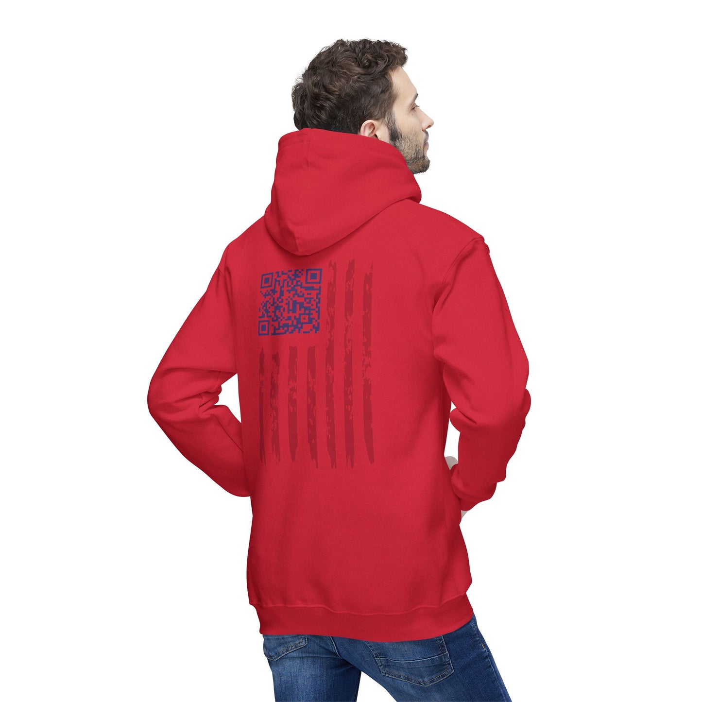 Male model back view of red hoodie displaying gritty US flag and blue Trump dance QR code, hood down