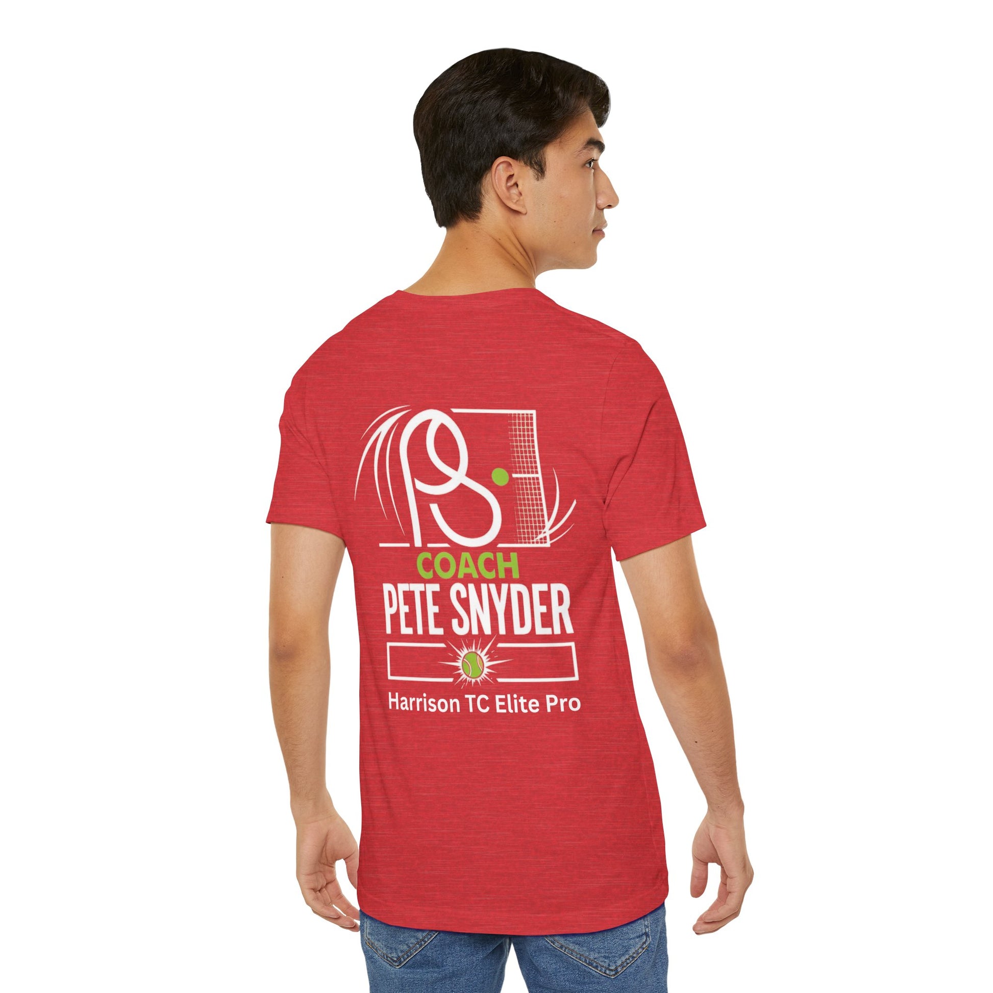 Side-back view of male model in heather maroon tennis tee, "COACH PETE SNYDER" back graphic with tennis racket design, jeans