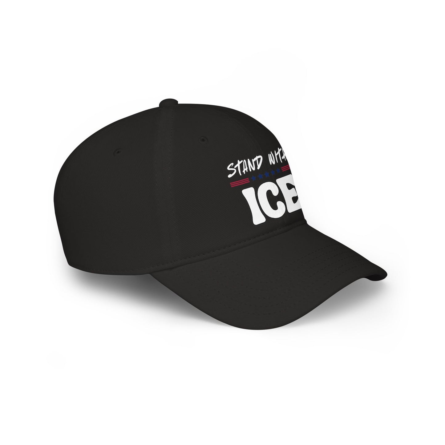 Left side view of black baseball cap with partial bold "Stand With ICE" text