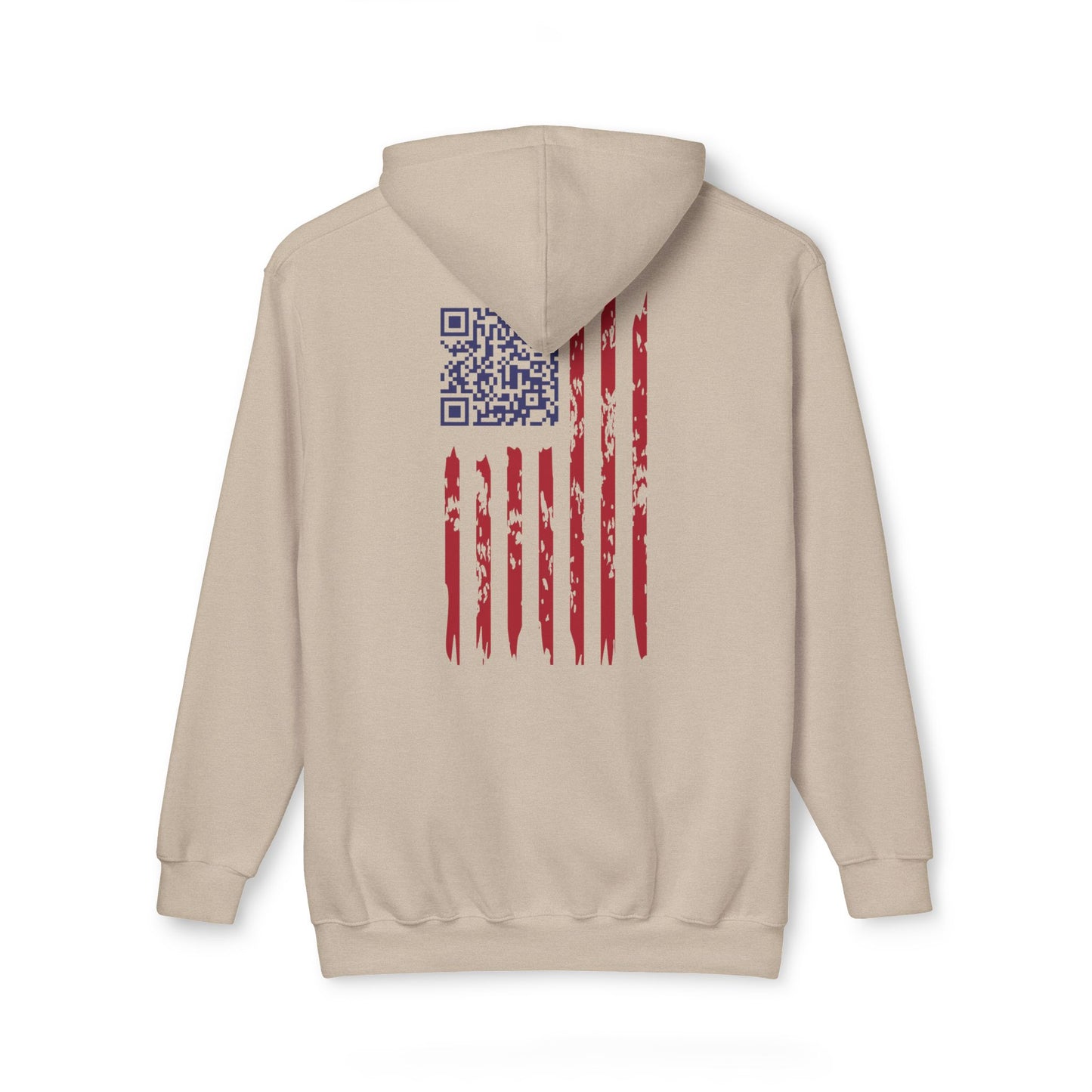 Back view of heather gray hoodie, gritty red-white-blue flag print with QR code in canton