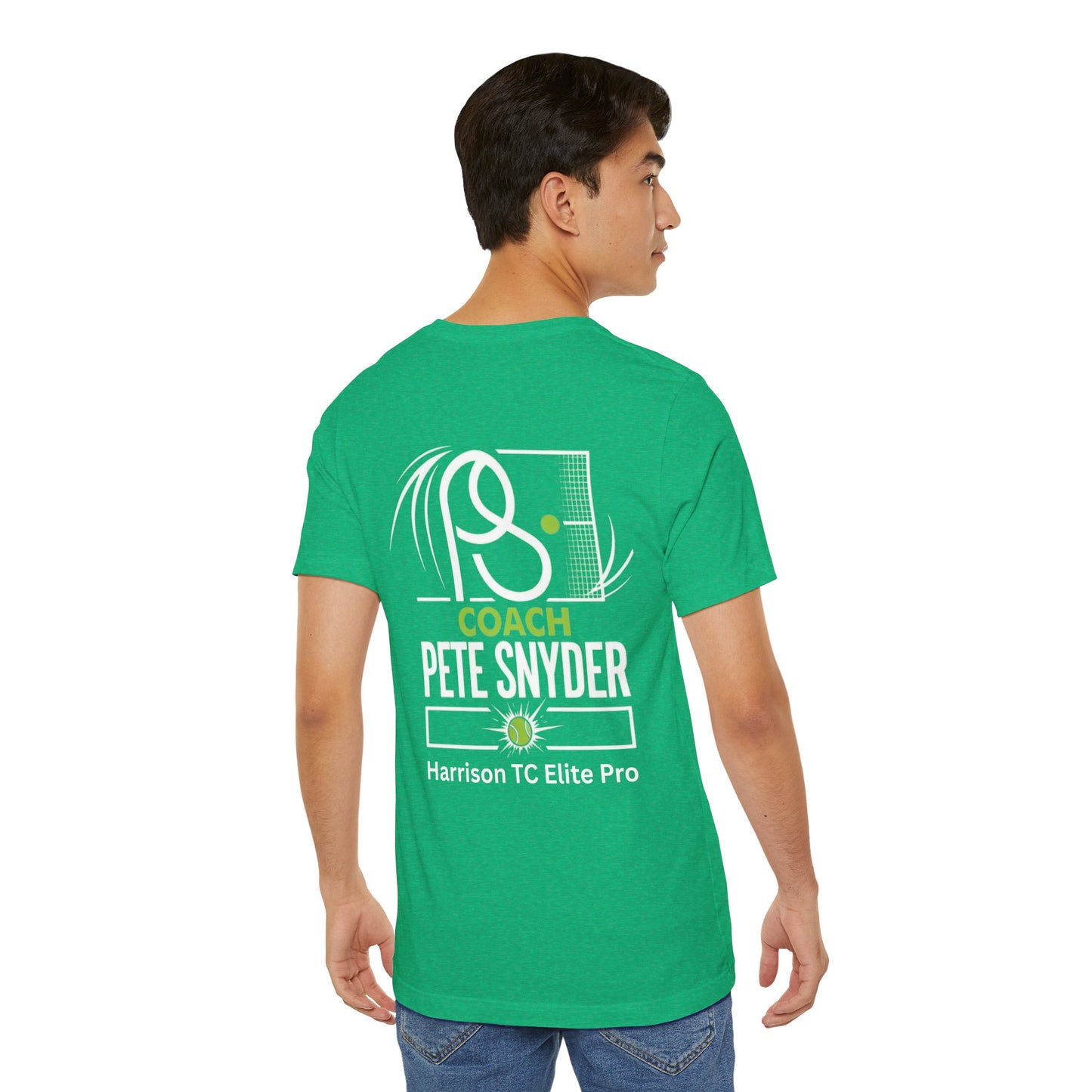 Flat back heather green Coach Pete Snyder tennis tee with full graphic print and text