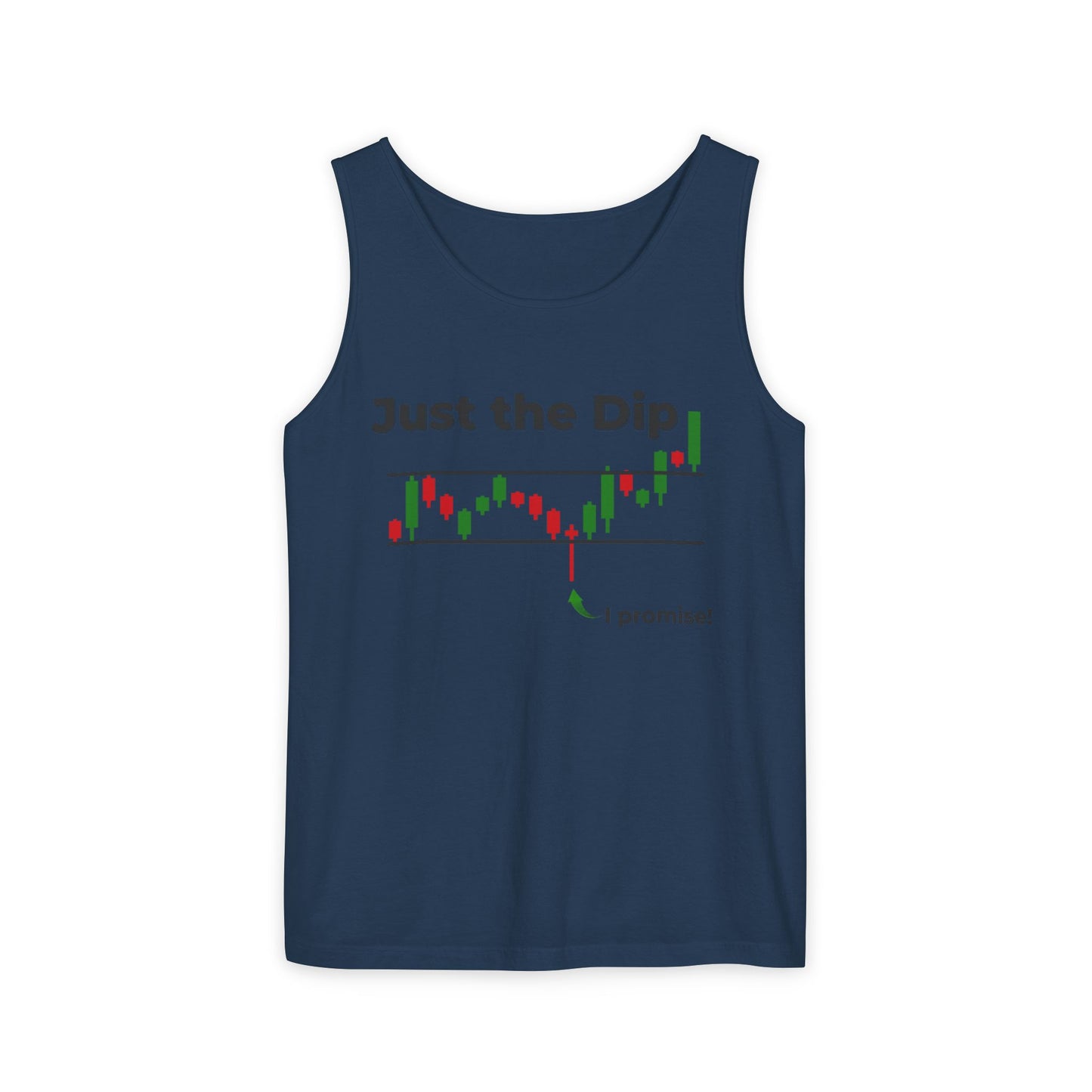 Navy tank top front: "Just the Dip" candlesticks dropping to cheeky "I promise!"
