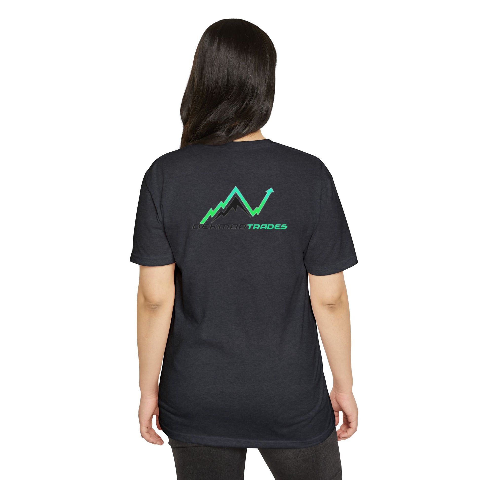 Woman models back of heather charcoal tee with Dekman Trades green mountain chart logo
