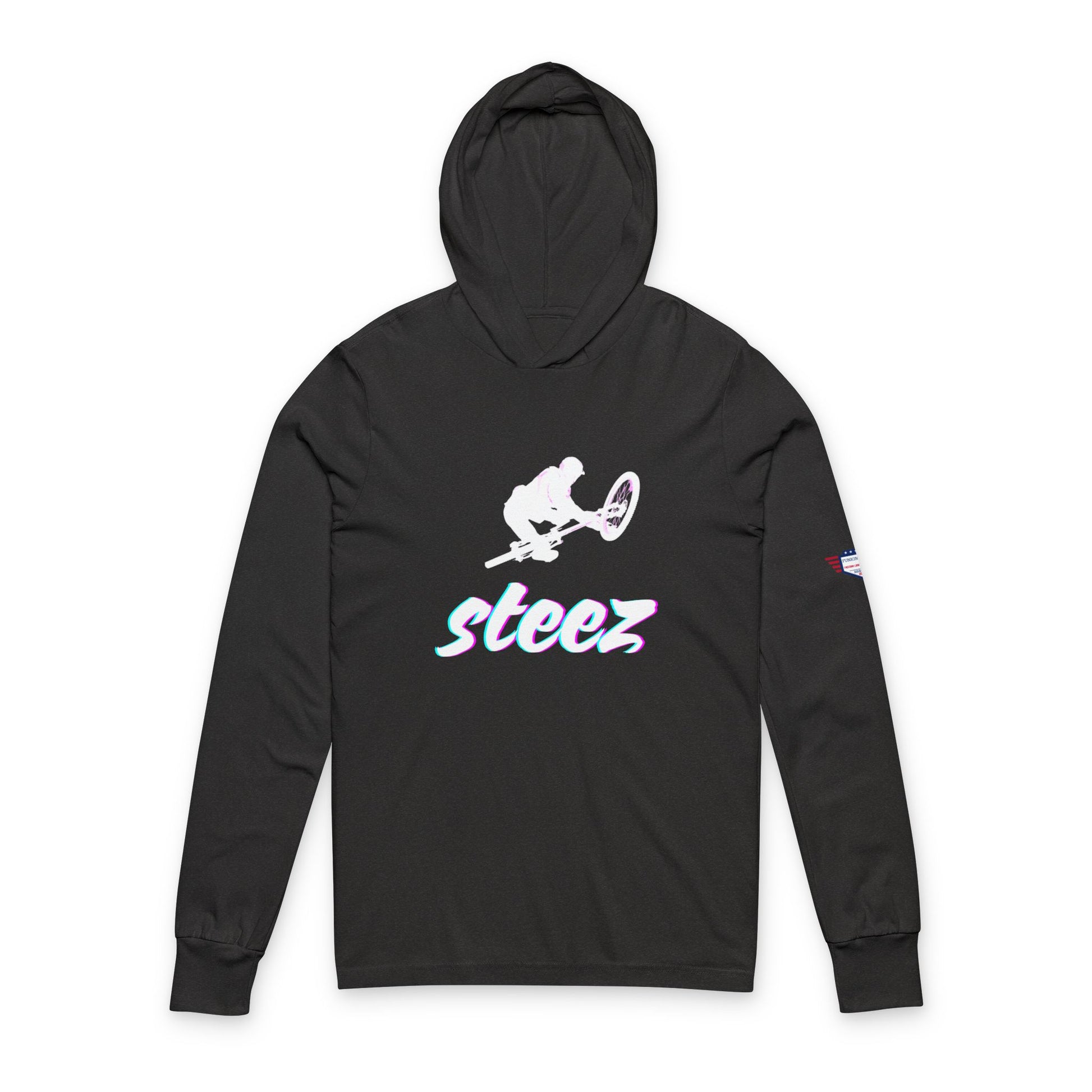 Front view of black unisex hoodie featuring white BMX jumper graphic and shiny "Steez" lettering