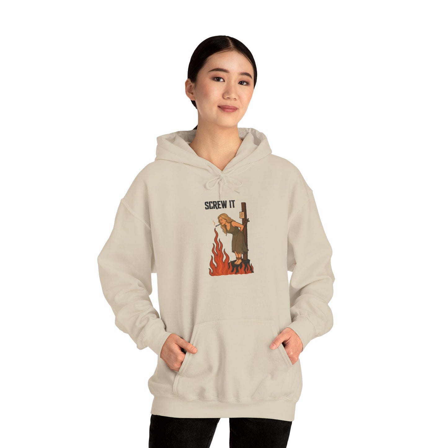 Screw It Hoodie – Funny Retro Character Flaming Witch Graphic Sweatshirt