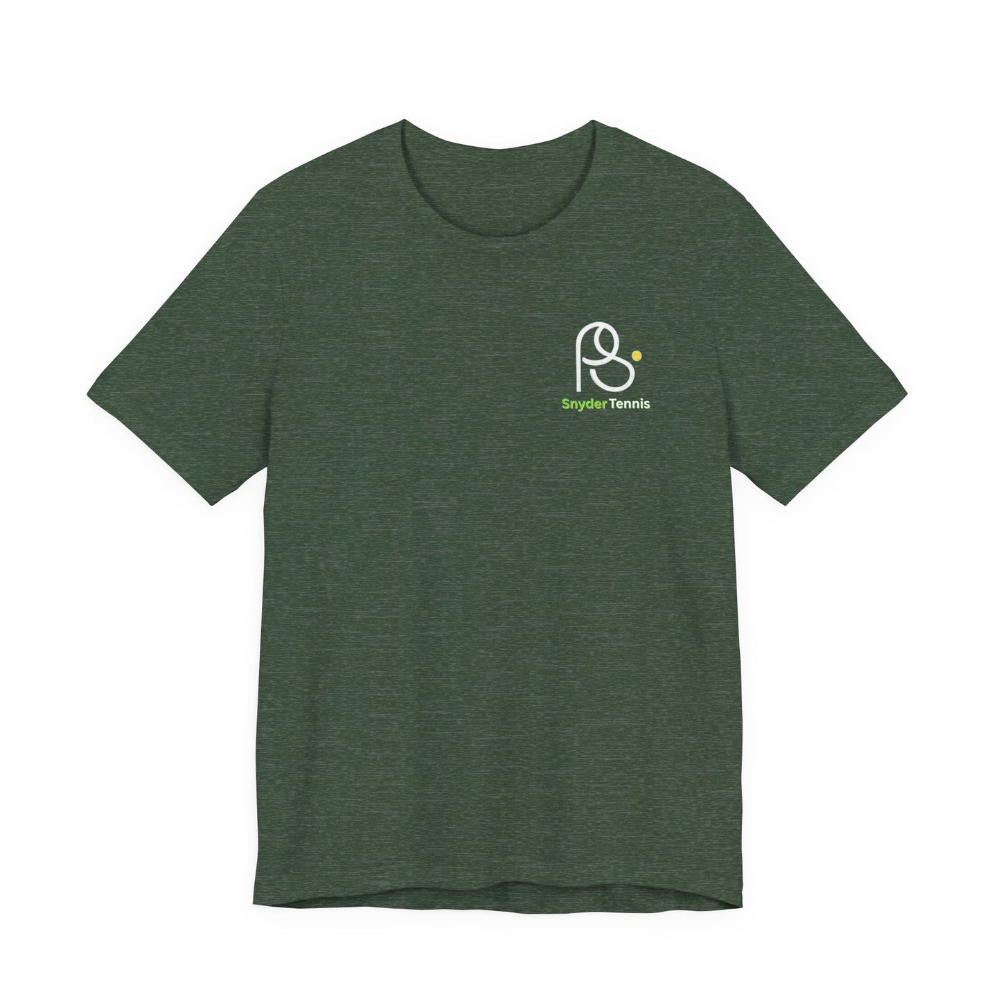 Front view of heather forest green Coach Pete Snyder tennis tee with white outline PS racket-ball logo and "Harrison Tennis" text