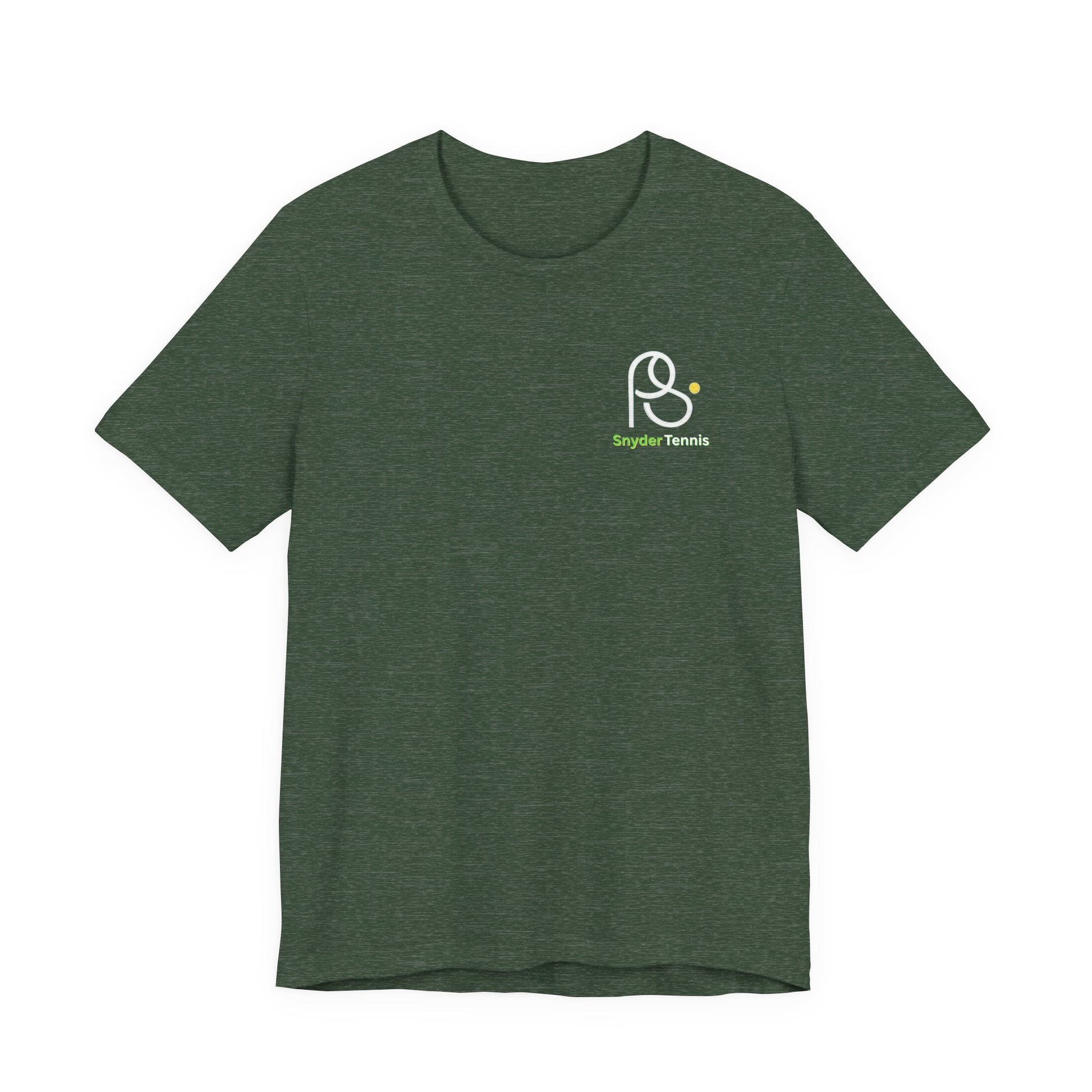 Front view of heather forest green Coach Pete Snyder tennis tee with white outline PS racket-ball logo and "Harrison Tennis" text