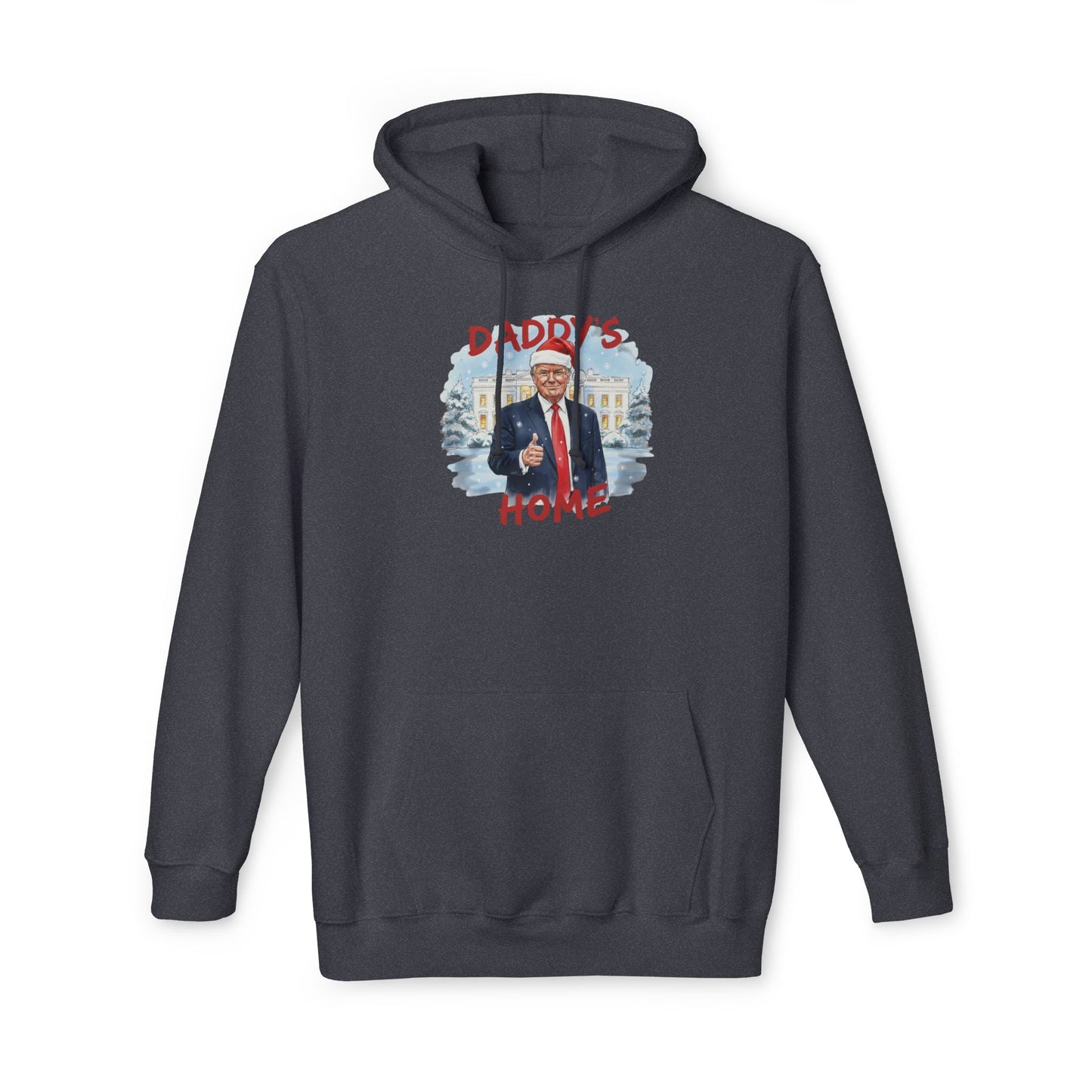 Front view of purple "Daddy's Home" Trump Christmas hoodie with Santa hat and White House print