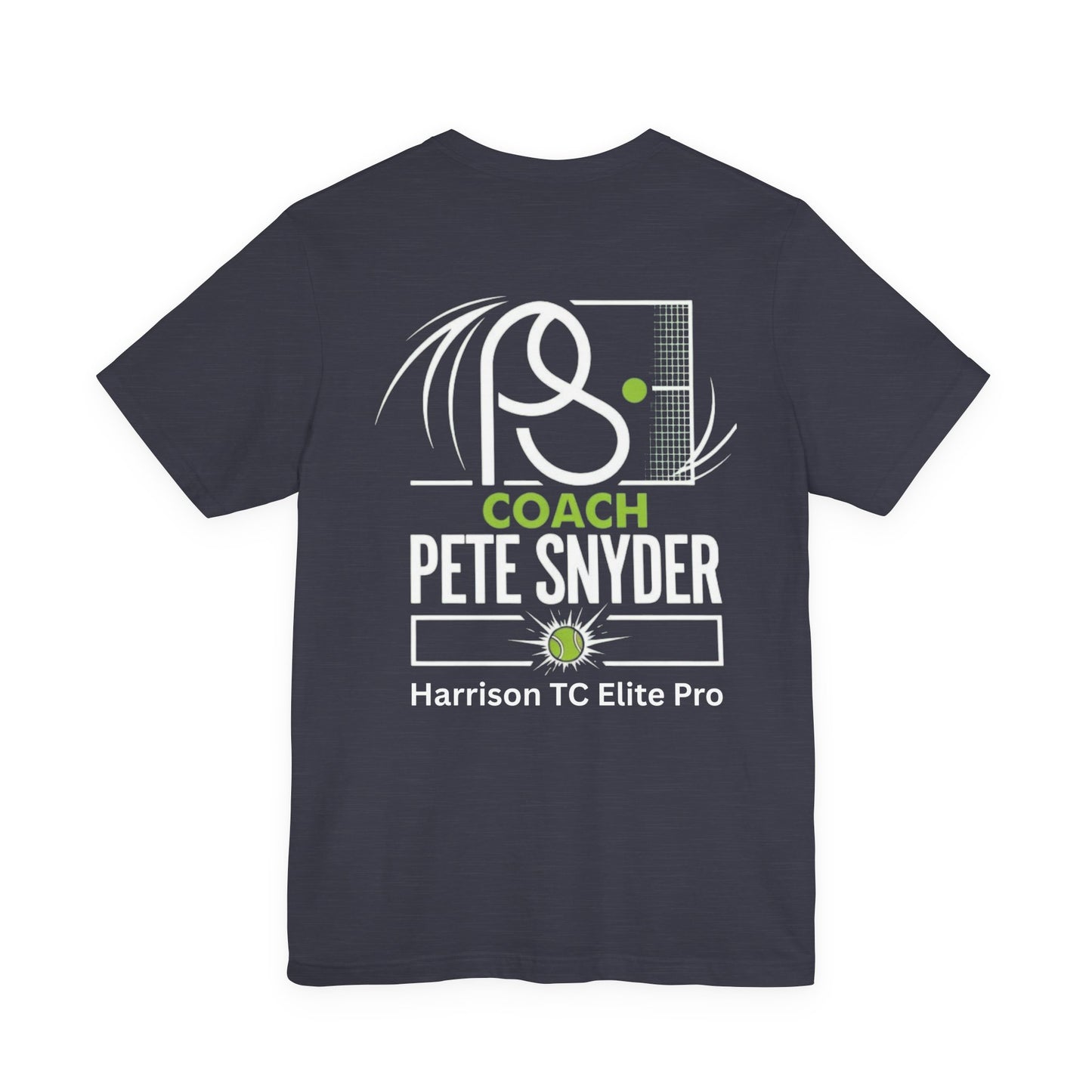 Detailed close-up of charcoal gray tee back: "COACH PETE SNYDER" over tennis net graphic and "Harrison TC Elite Pro"
