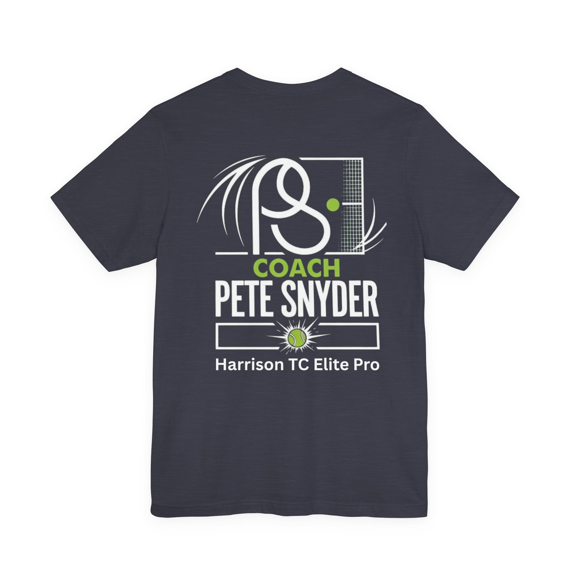 Detailed close-up of charcoal gray tee back: "COACH PETE SNYDER" over tennis net graphic and "Harrison TC Elite Pro"