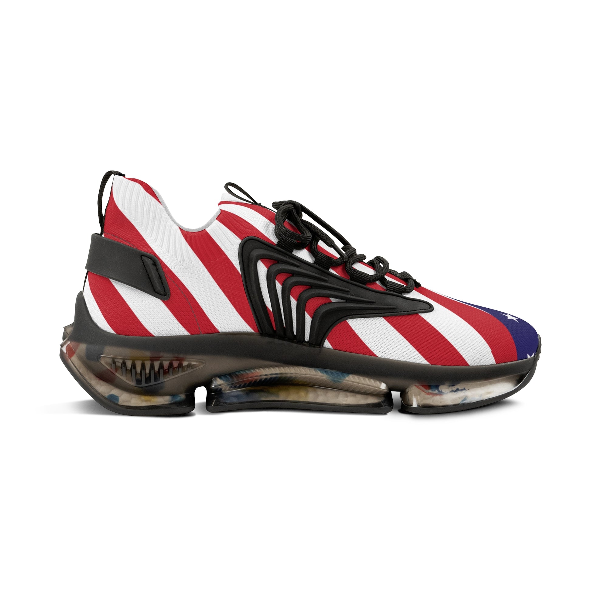 Side view of men's USA flag sneaker, red-white stripes & blue field on mesh, black laces, rugged clear sole