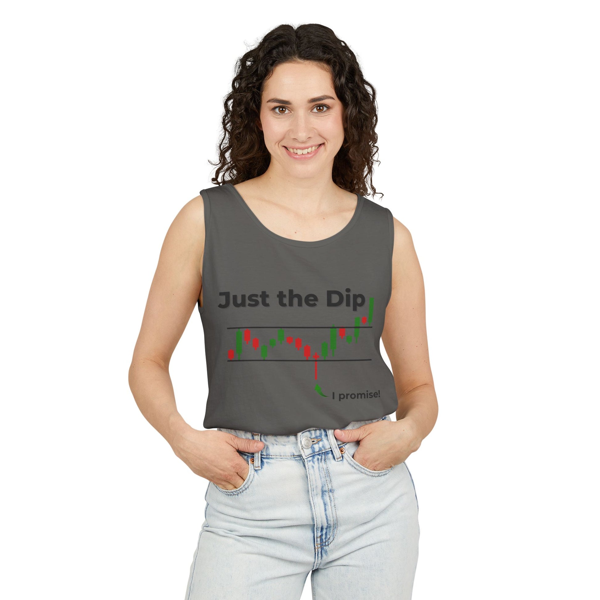 Woman in heather gray "Just the Dip" tank top showing black candlestick chart dip and "I promise!" arrow, jeans
