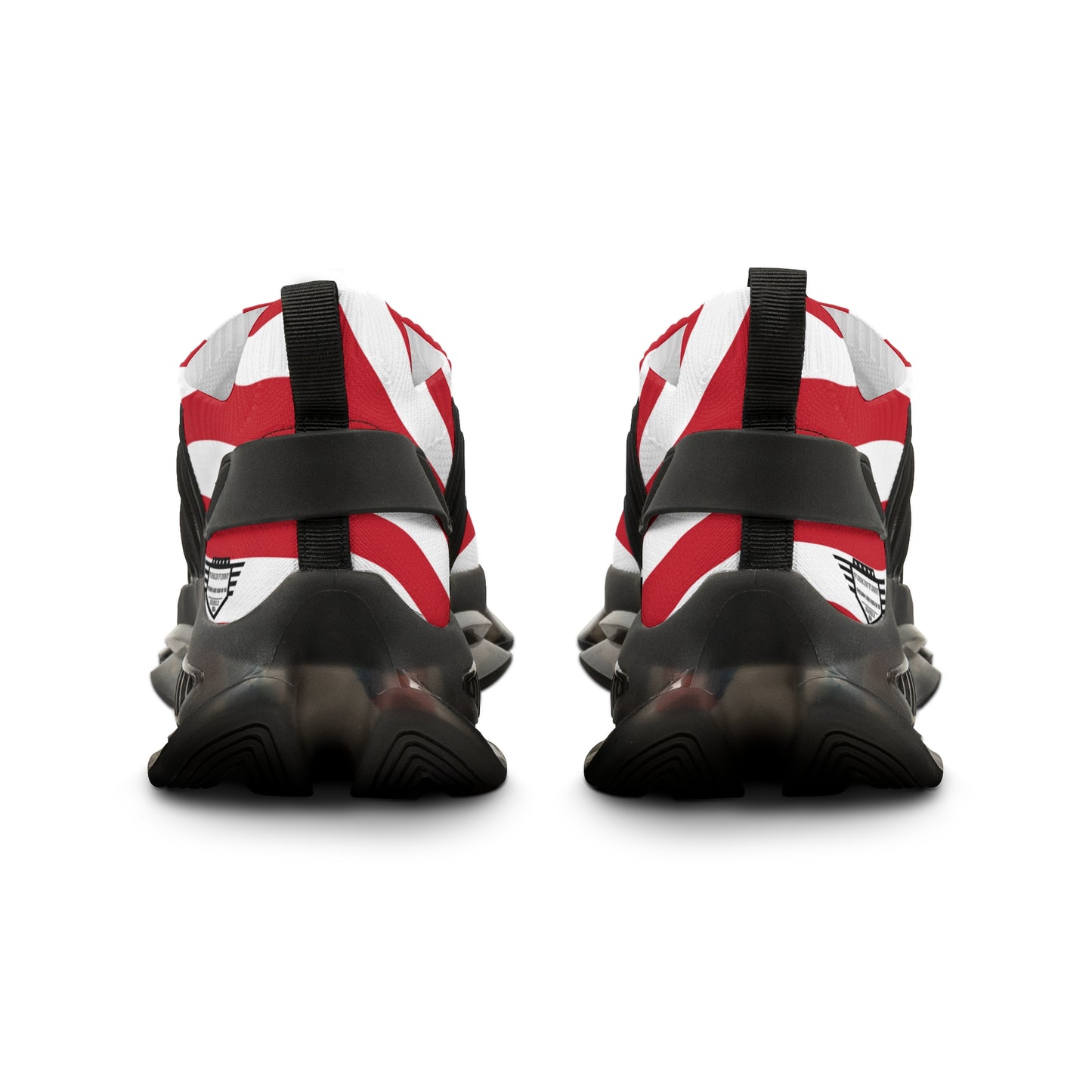 Side profile of single USA flag mesh sneaker, black laces, wavy stripes & stars, chunky black-tinted sole