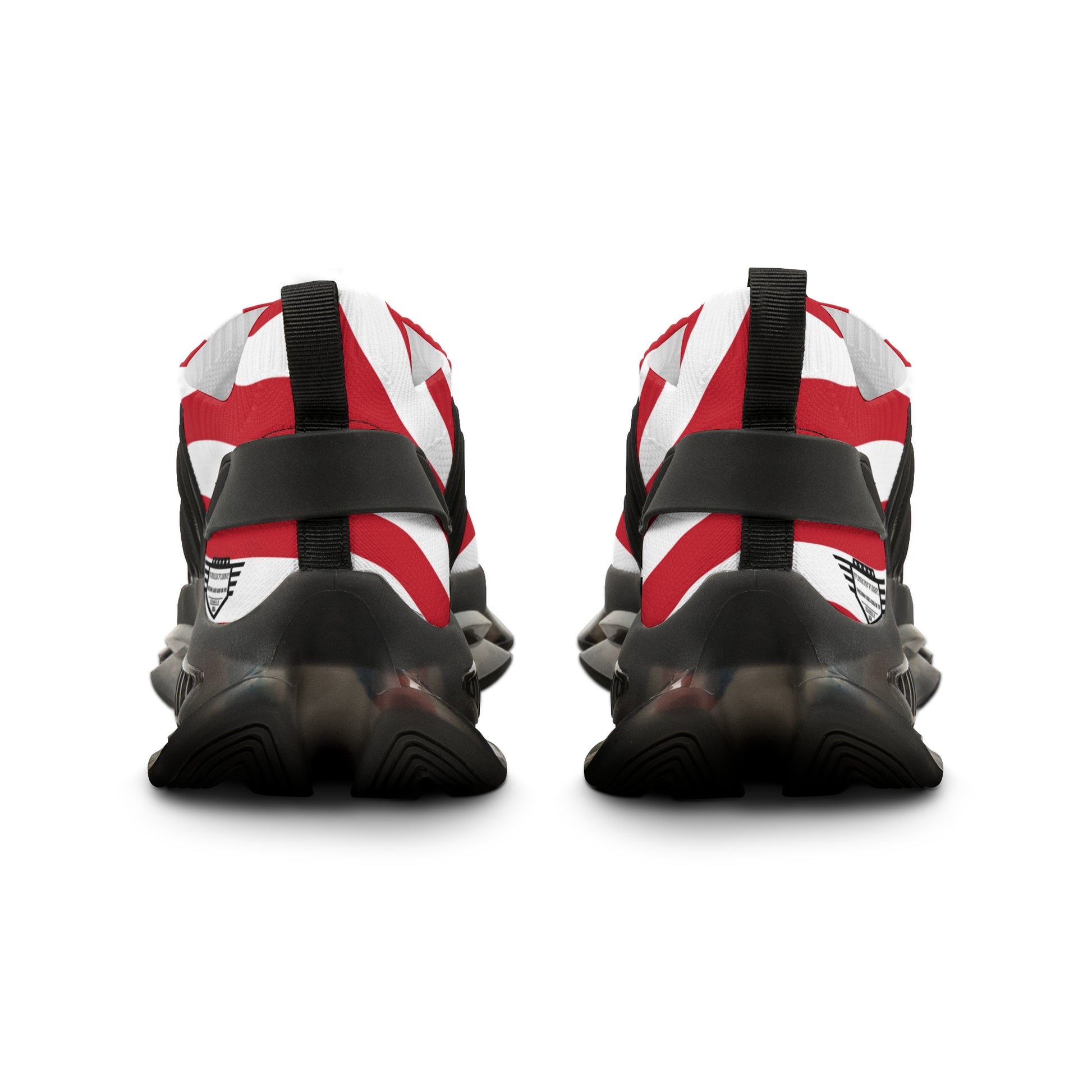 Side profile of single USA flag mesh sneaker, black laces, wavy stripes & stars, chunky black-tinted sole