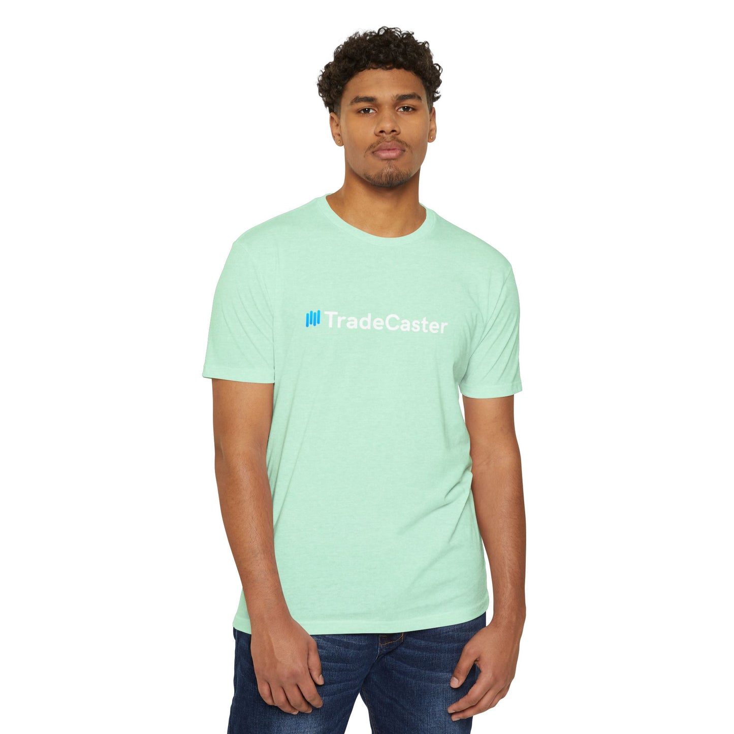 Male model front view in CVC mint TradeCaster t-shirt, bold cyan logo on fresh green