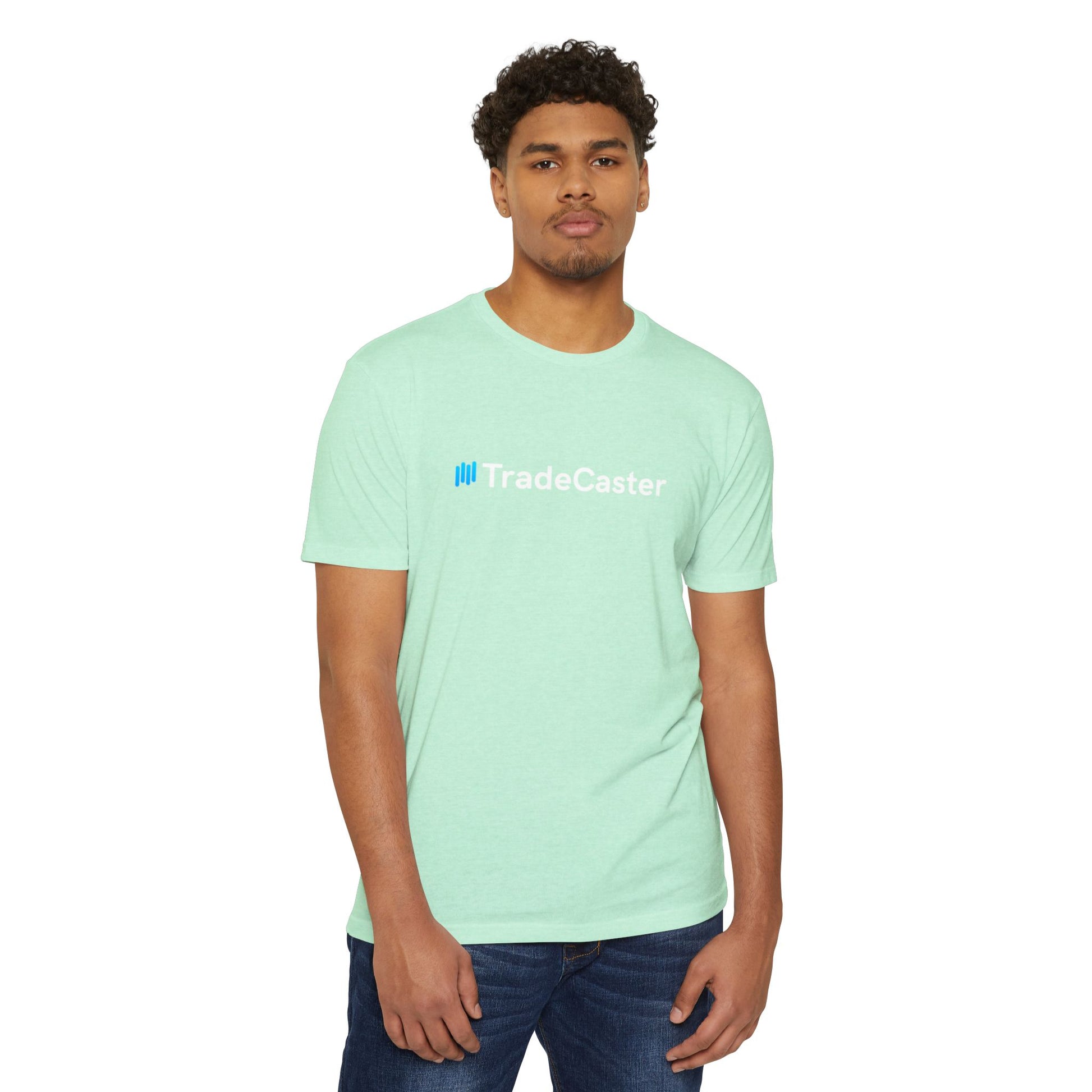 Male model front view in CVC mint TradeCaster t-shirt, bold cyan logo on fresh green