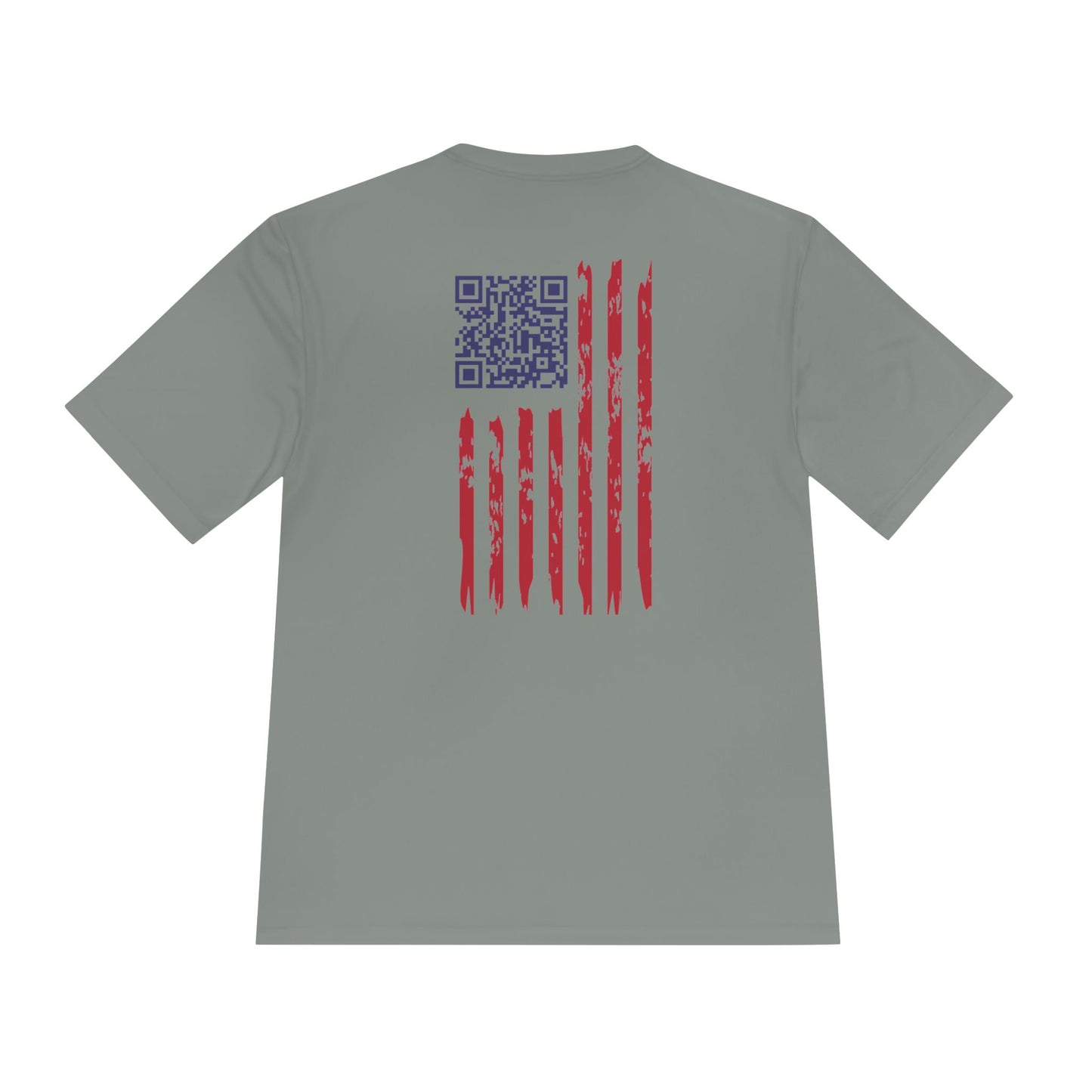 Back view of iron grey tee showing navy QR code and distressed red-white flag stripes