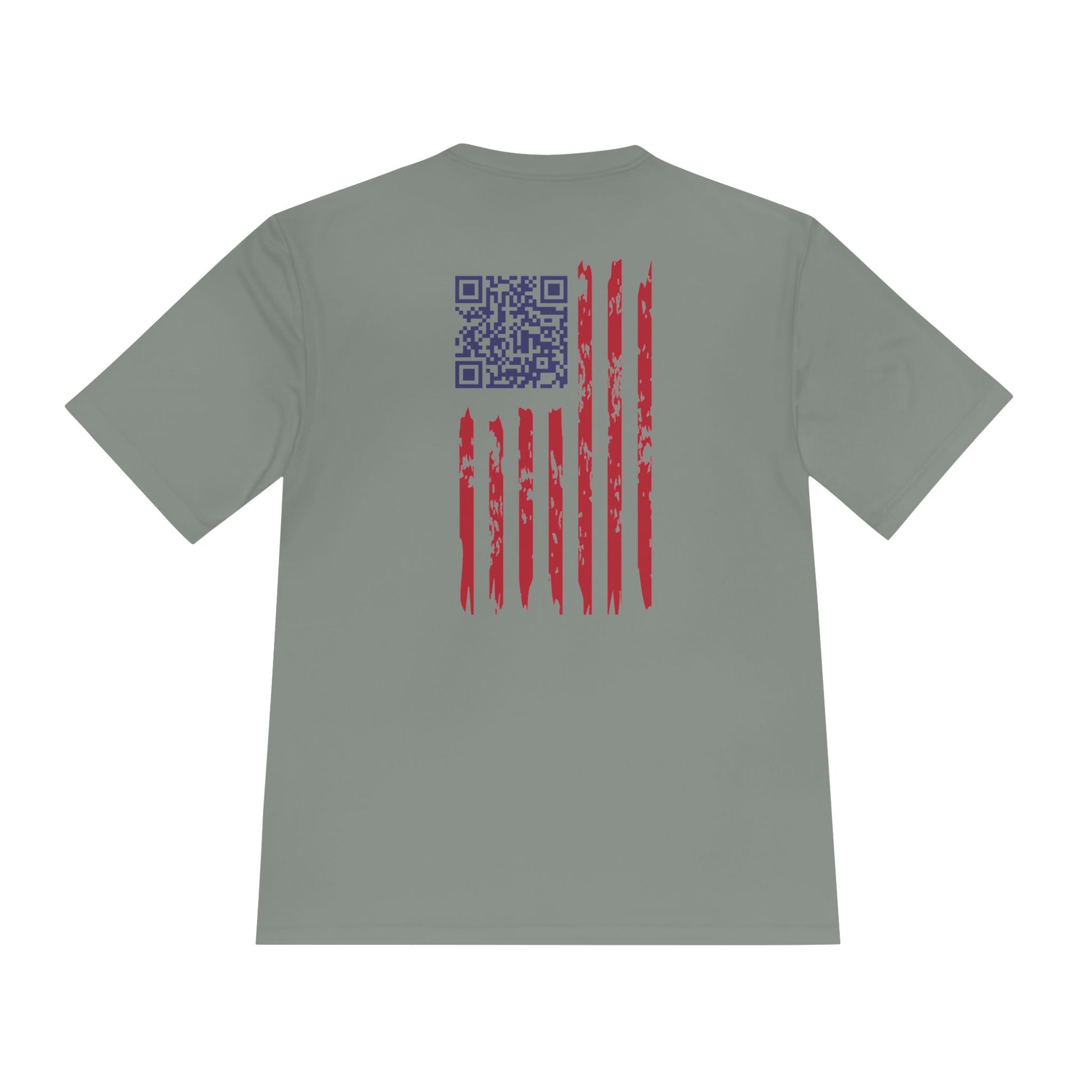 Back view of iron grey tee showing navy QR code and distressed red-white flag stripes