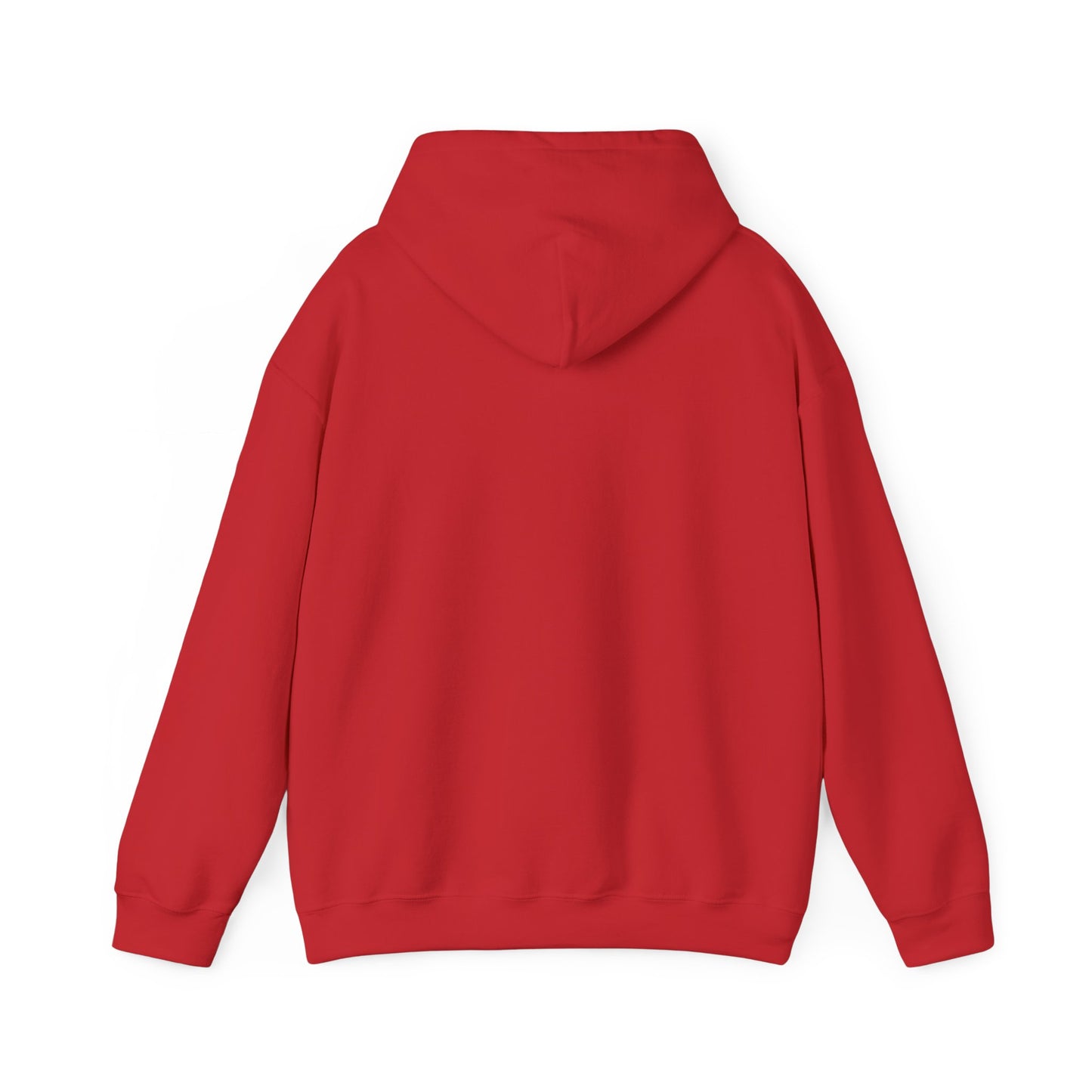 Back view of red pullover hoodie, hood down, clean design with long sleeves