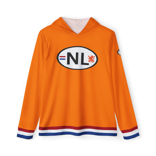 Front view of bright orange Dutch NL warmup hoodie with white oval NL lion badge and red-white-blue cuff stripes