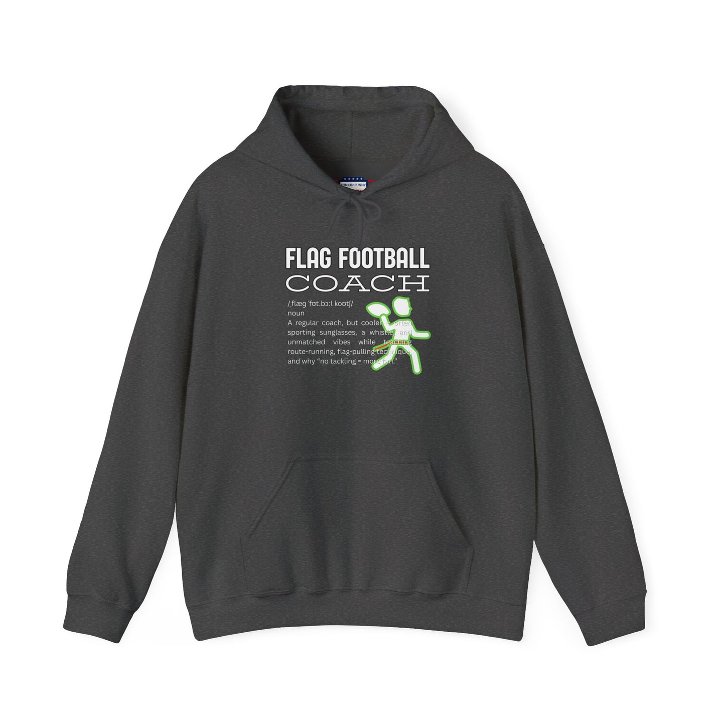 Front view of dark grey Flag Football Coach hoodie with white outline text, neon green runner graphic