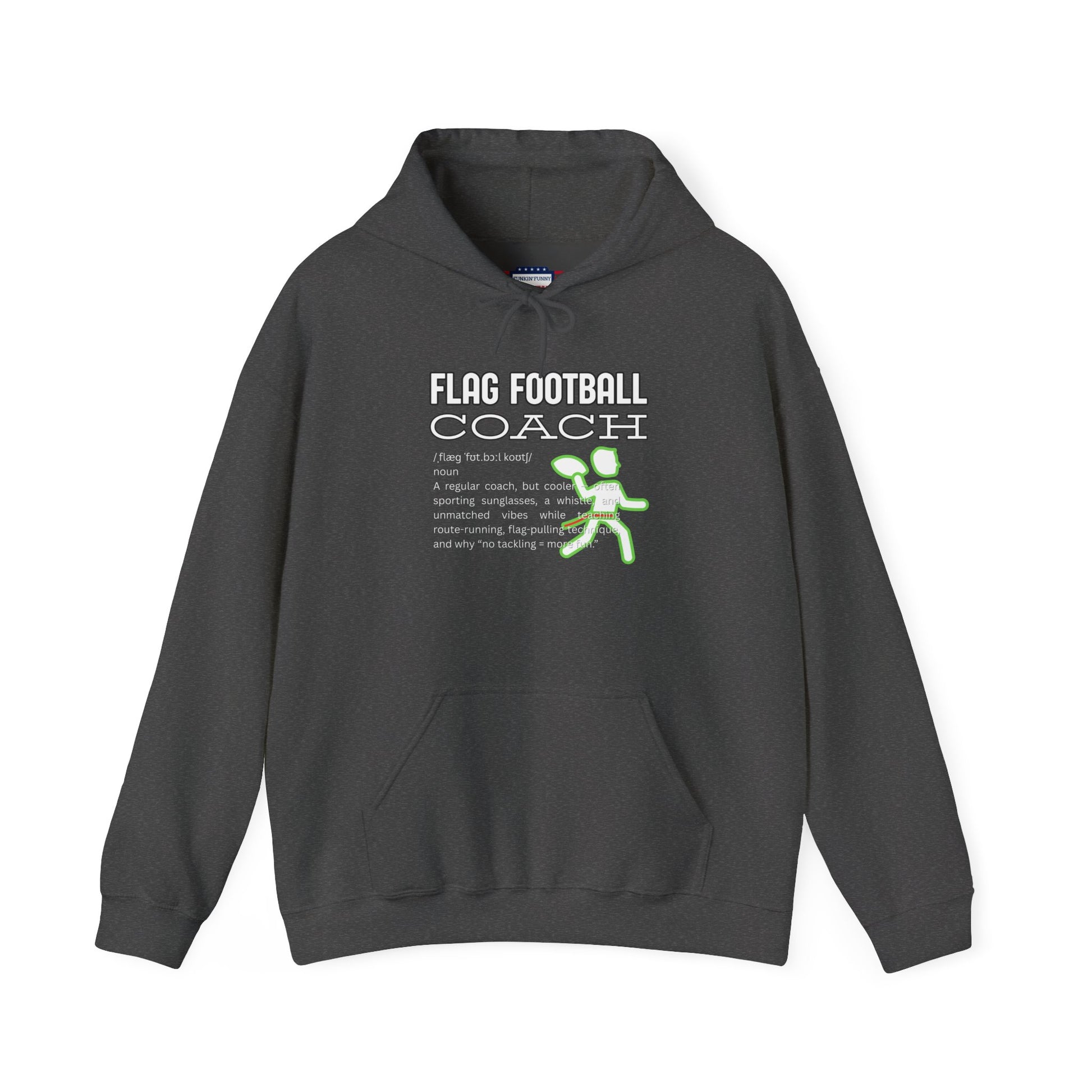 Front view of dark grey Flag Football Coach hoodie with white outline text, neon green runner graphic