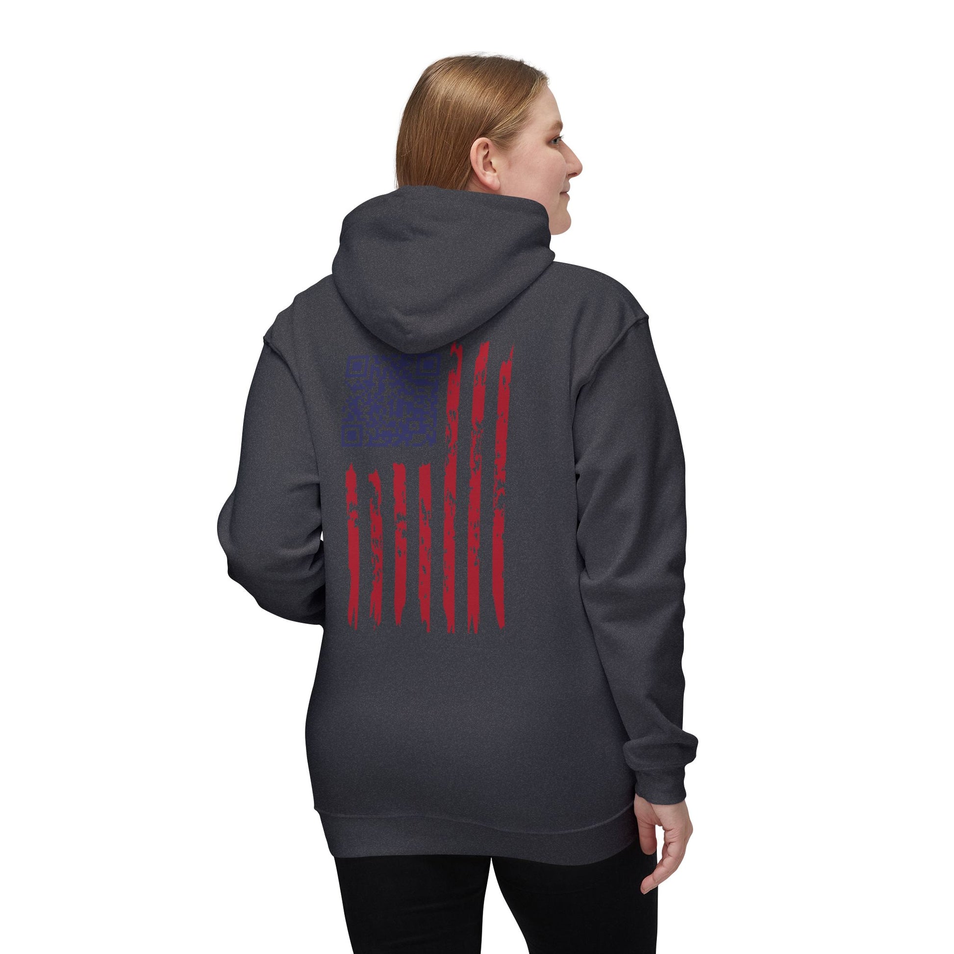 Woman modeling back of charcoal gray hoodie, distressed flag print
