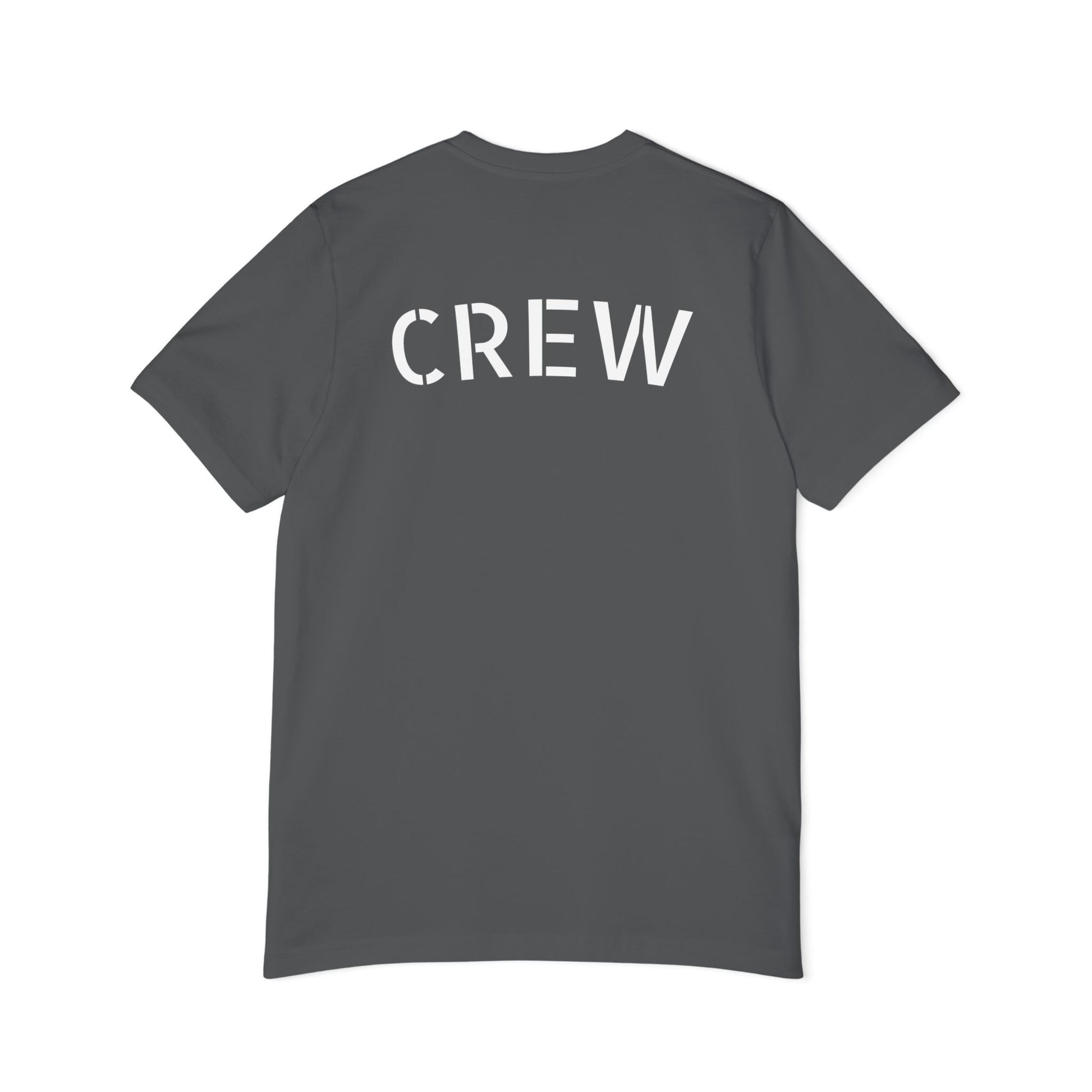 Back view flat lay of heather gray t-shirt, bold white stencil-style "CREW" across shoulders — squad goals
