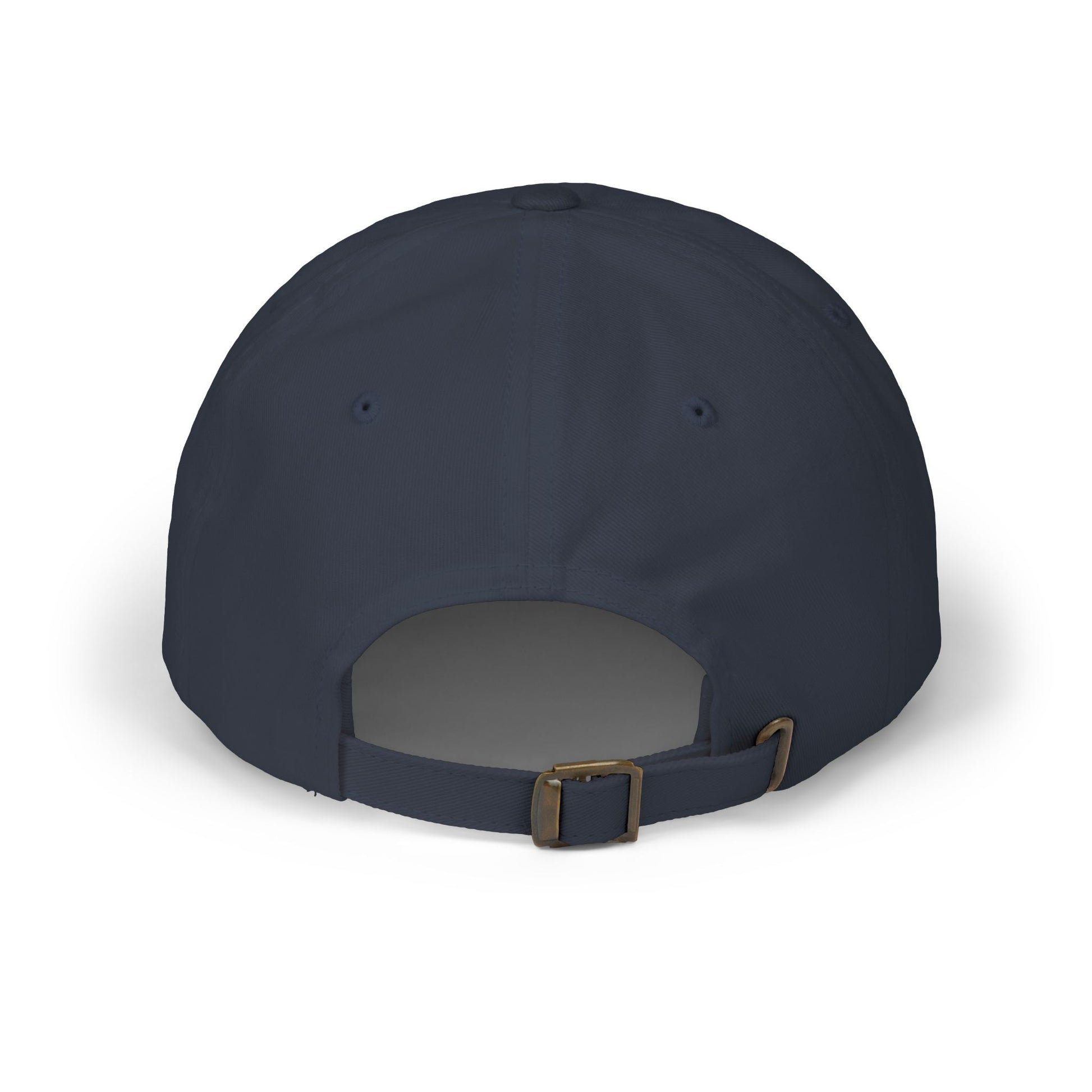 Navy blue dad hat back view showing hideaway strap, brass buckle, and soft cotton crown