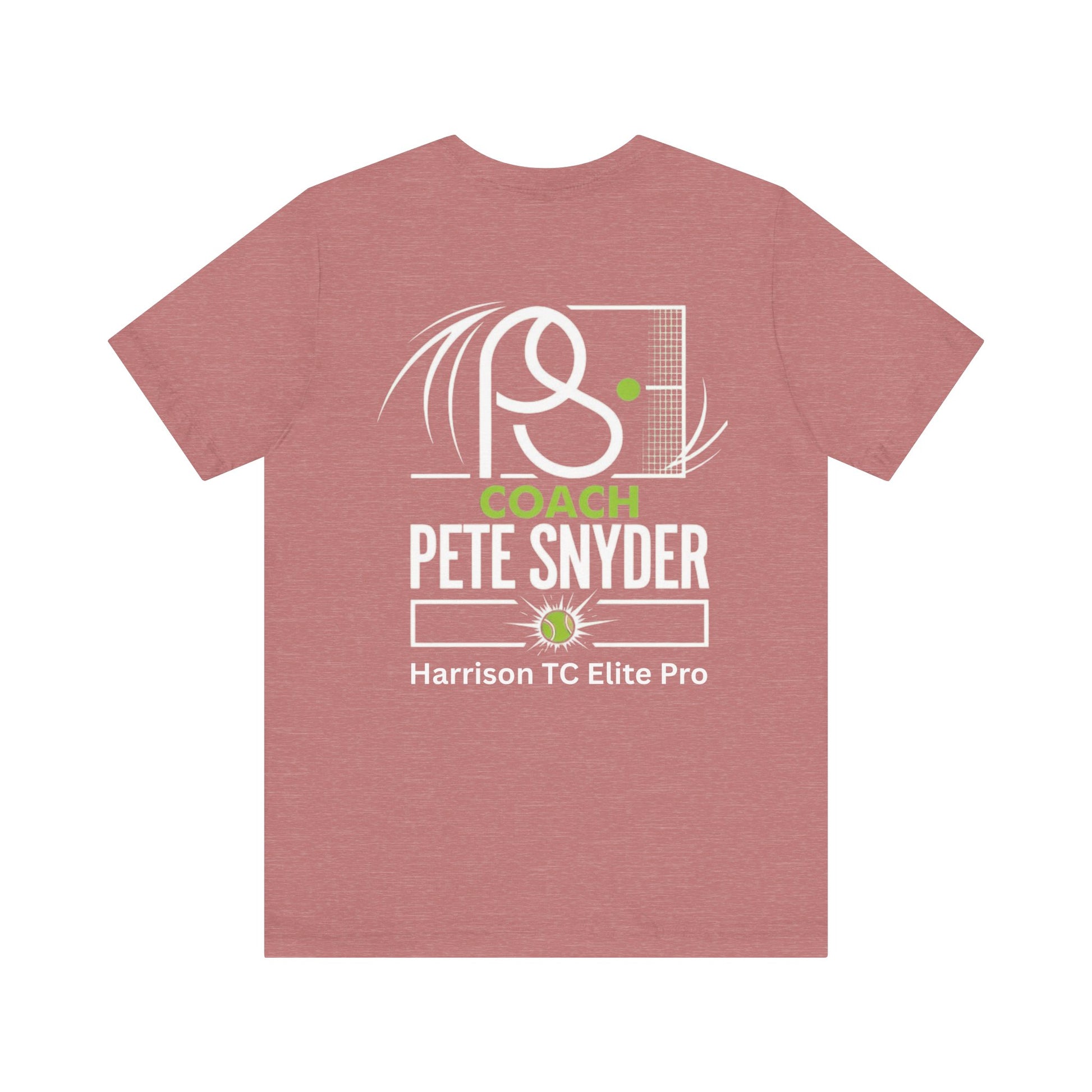 Flat front view of rose Coach Pete Snyder tee, white PS logo and green Harrison Tennis on chest