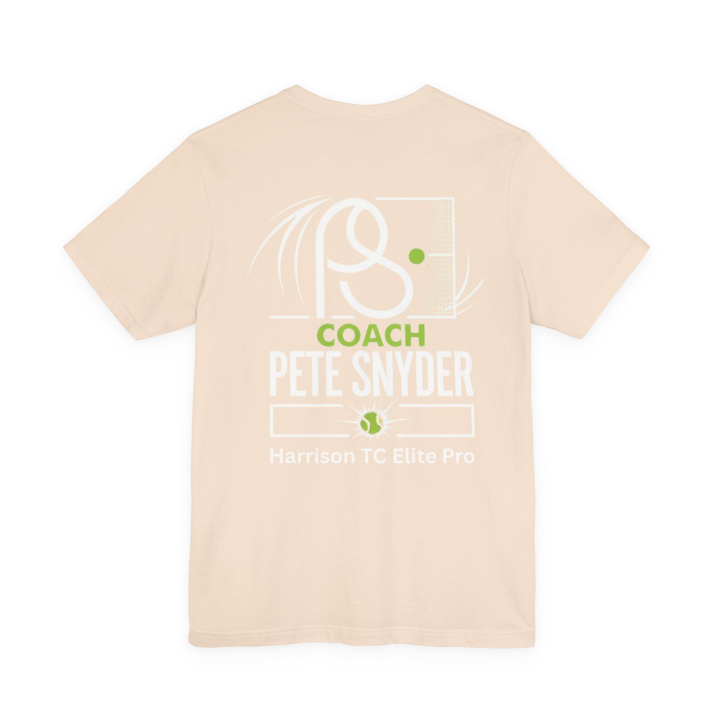 Back view of tan Coach Pete Snyder t-shirt featuring white graphic racket, green accents, "COACH PETE SNYDER" and Harrison TC Elite Pro