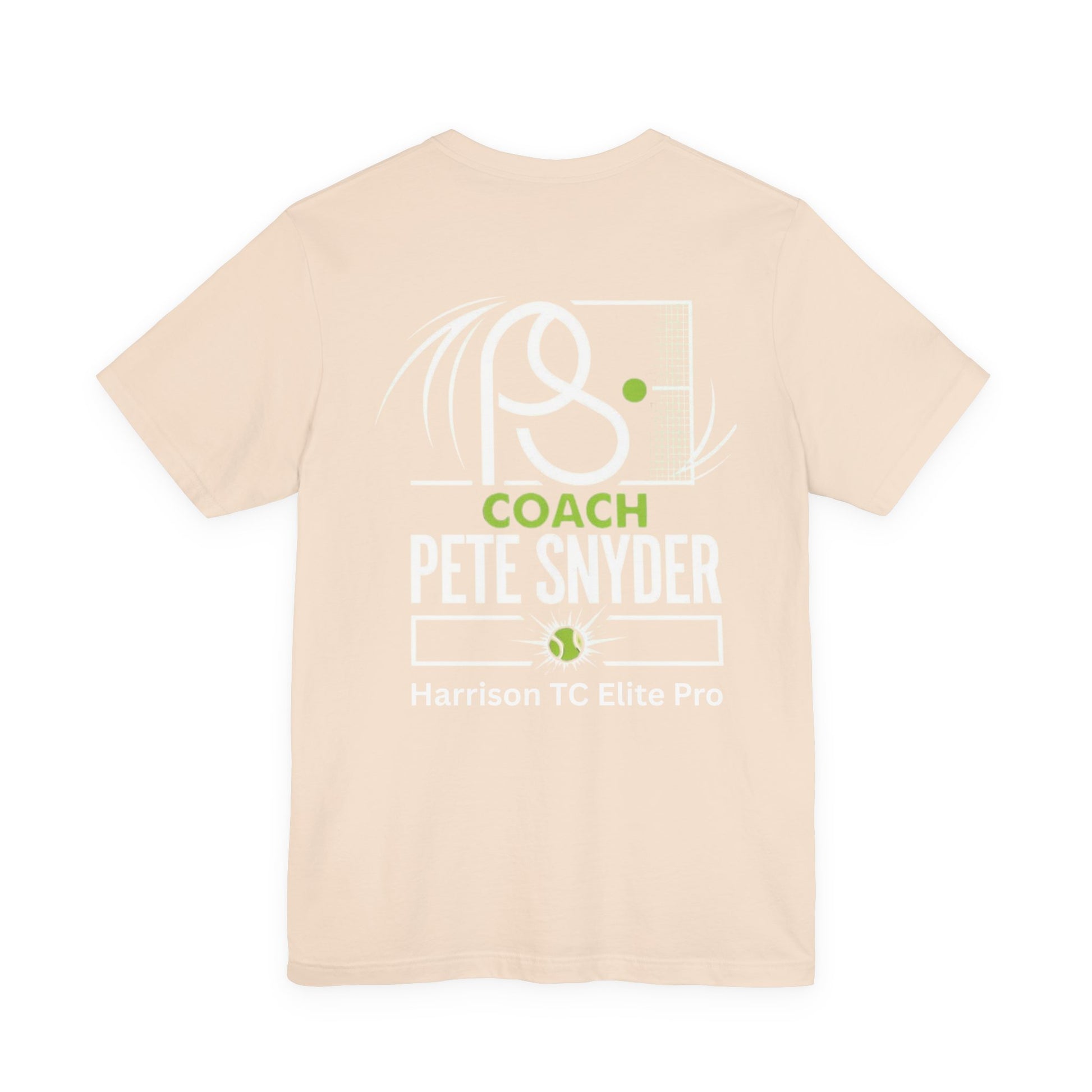 Back view of tan Coach Pete Snyder t-shirt featuring white graphic racket, green accents, "COACH PETE SNYDER" and Harrison TC Elite Pro