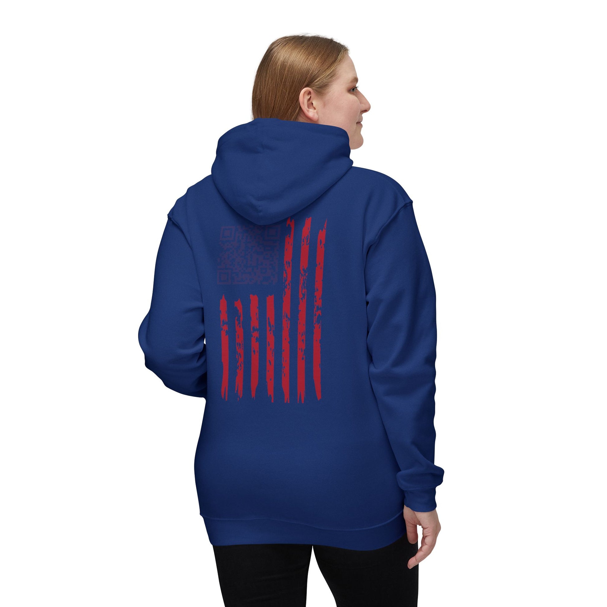 Woman in navy blue hoodie, back view revealing weathered US flag graphic