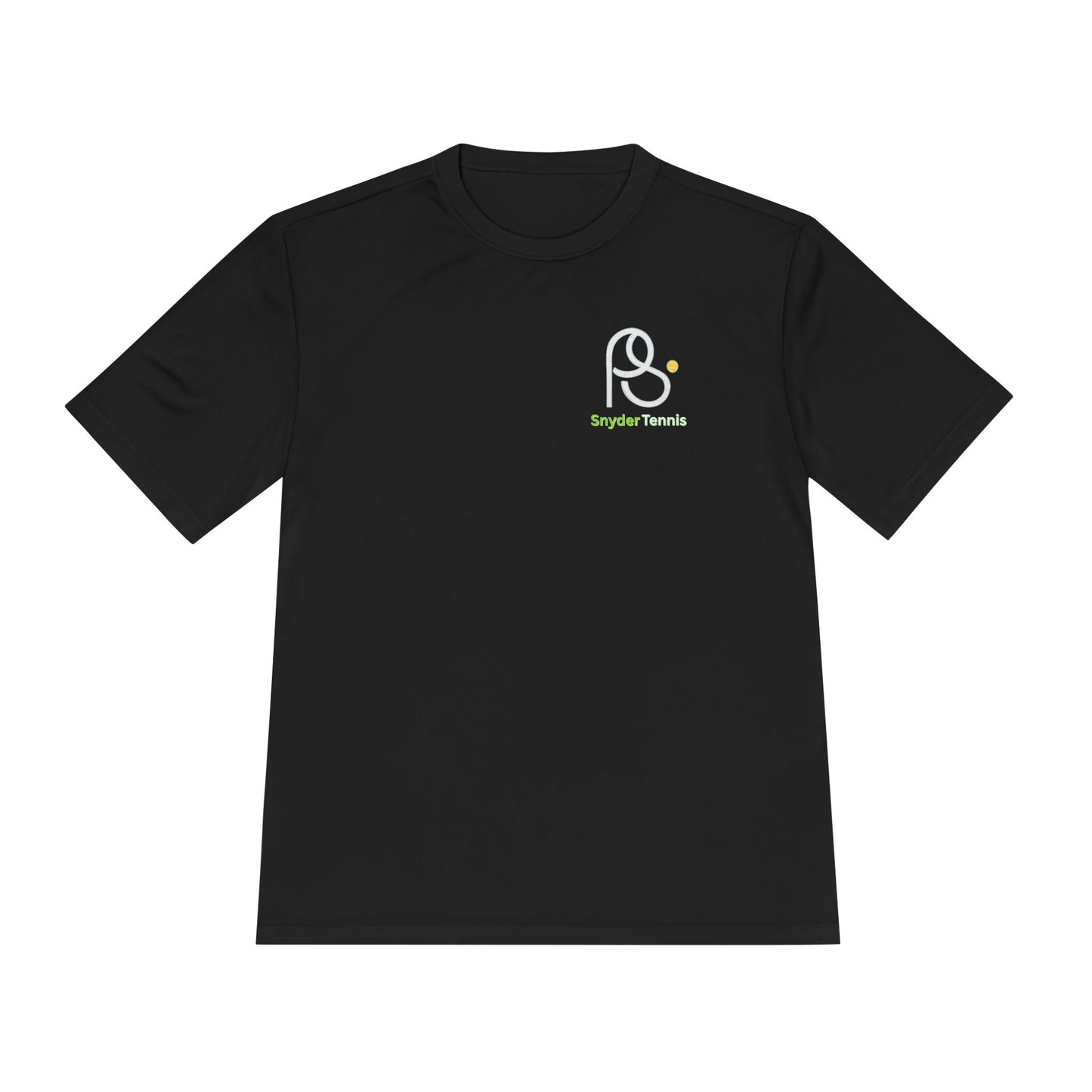 Flat front black moisture-wicking Coach Pete Snyder tee, white PS Bryant Tennis logo standing bold