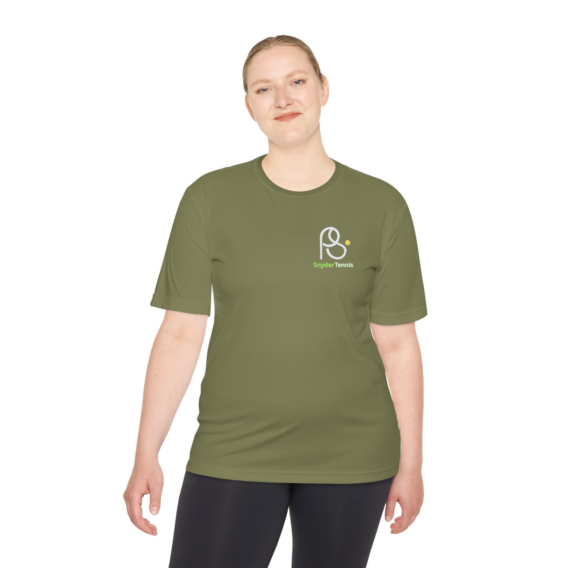 Woman sporting front of green tee, white PS logo and green Bryant Tennis on chest—court-ready vibes