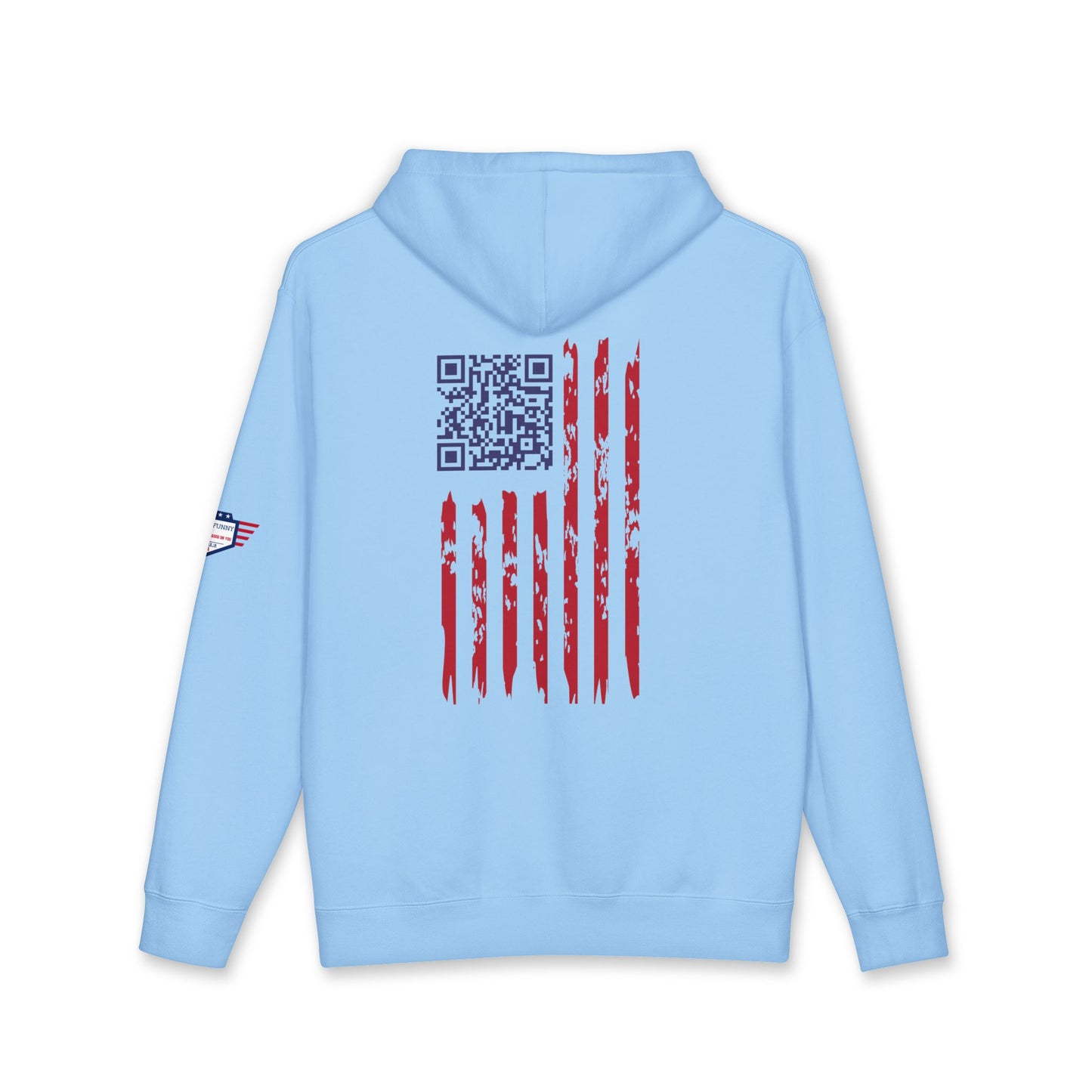 Back view of light pink hoodie with red-striped QR flag design ready to scan for viral dance moves