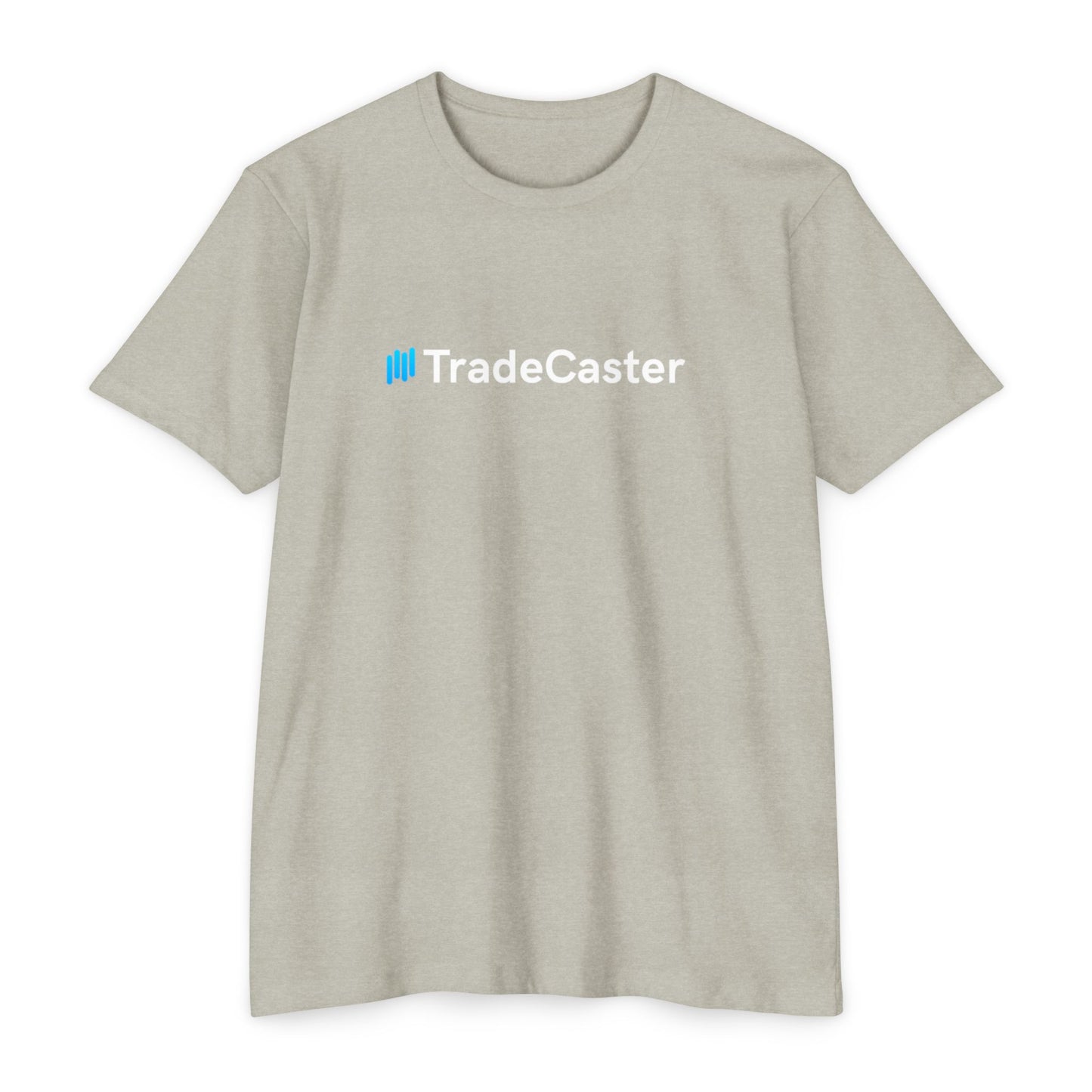 Front view of light gray unisex TradeCaster CVC jersey t-shirt with blue || icon and white text print